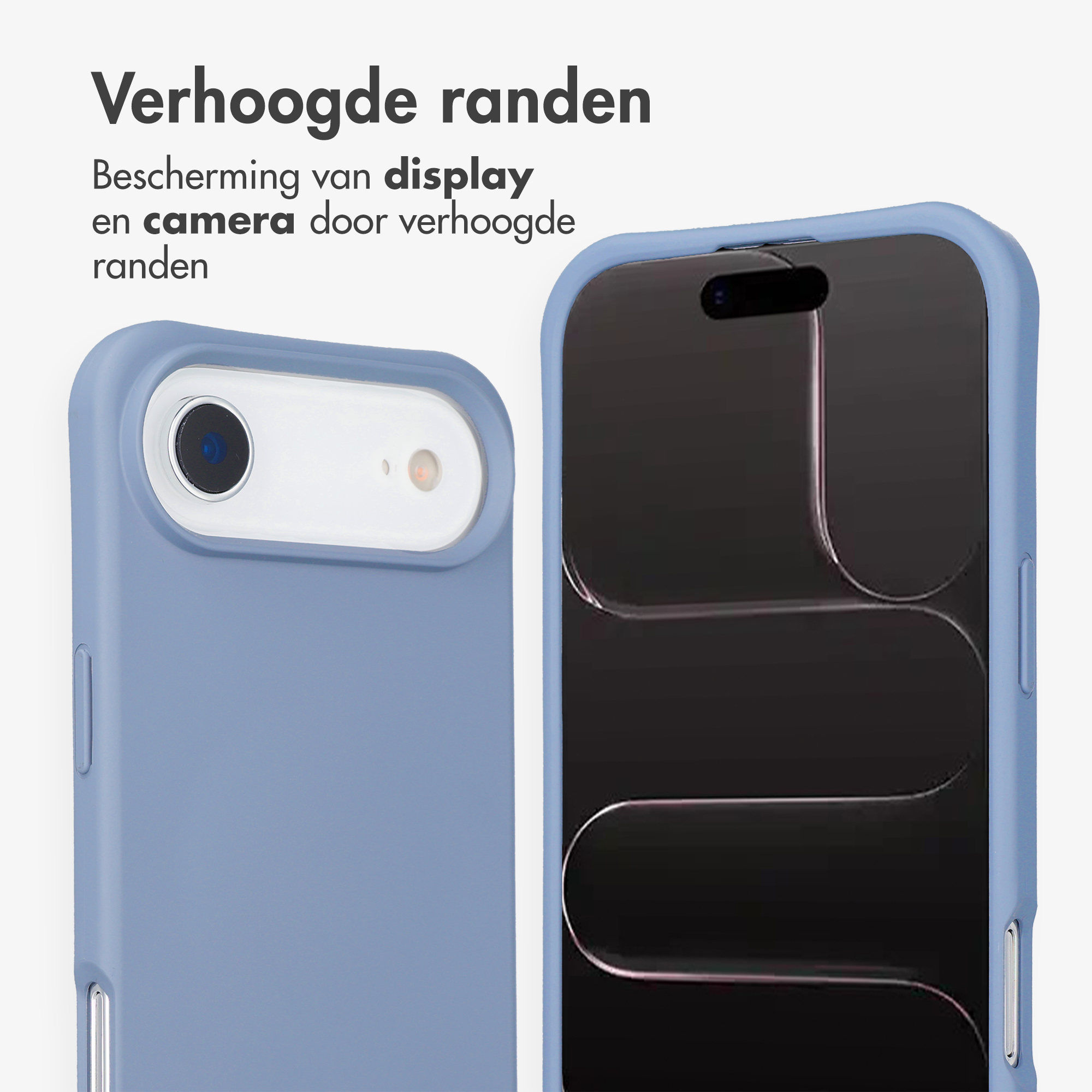 Twee blauwe telefoonhoesjes naast elkaar. Eén toont de achterkant met camera, de andere het voorscherm.
