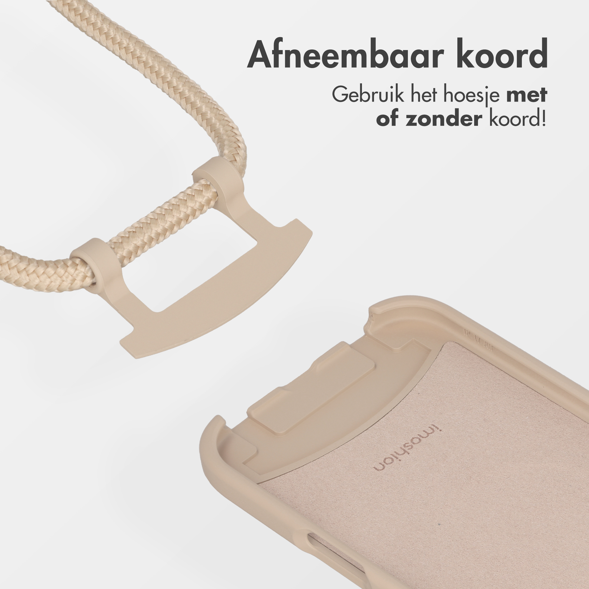 Een beige telefoonhoesje met afneembaar koord.