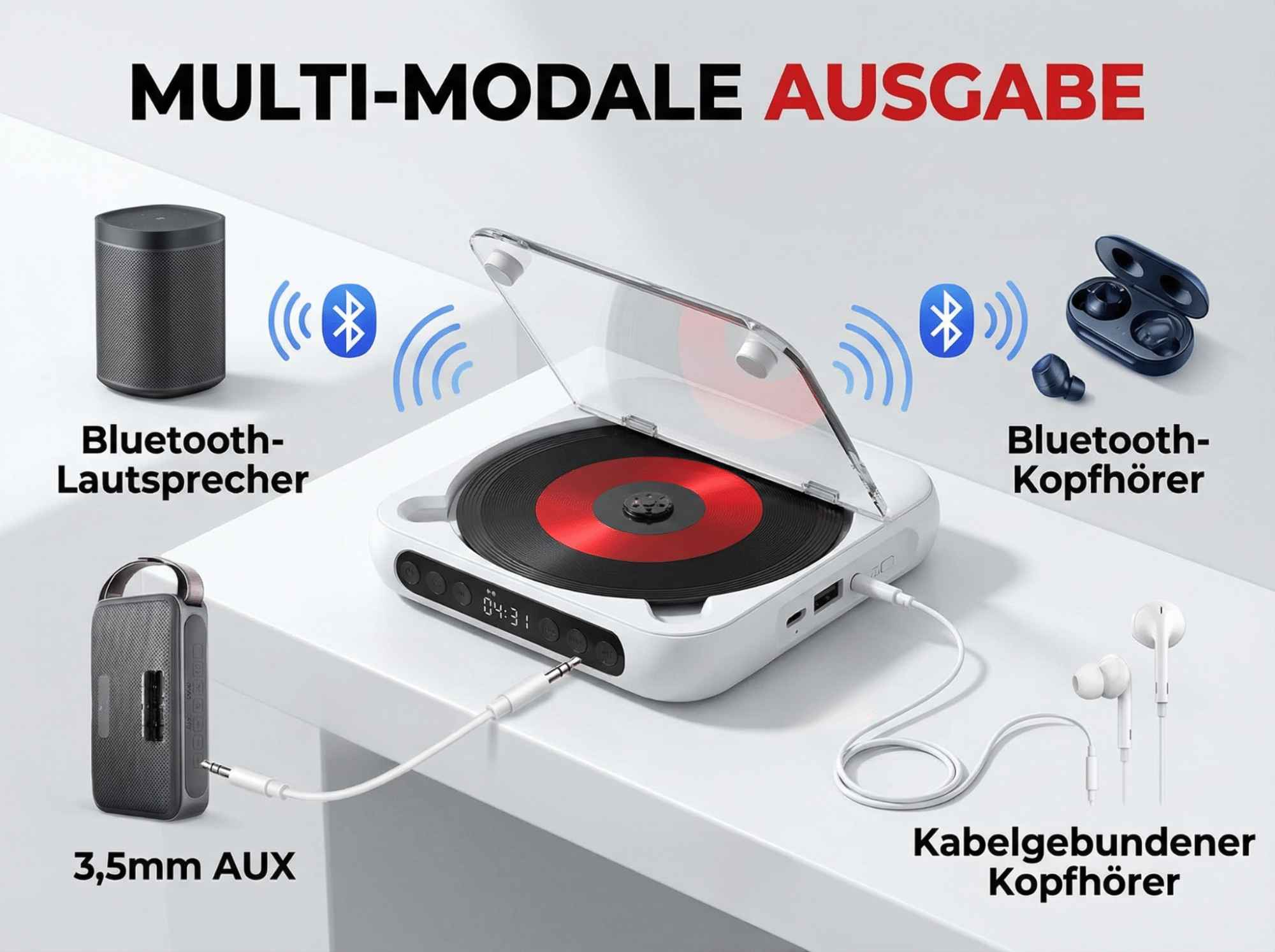 Multimodale Ausgabe: CD-Player mit Bluetooth-Lautsprecher, BT-Kopfhörern, Aux-Kabel-Kopfhörern.