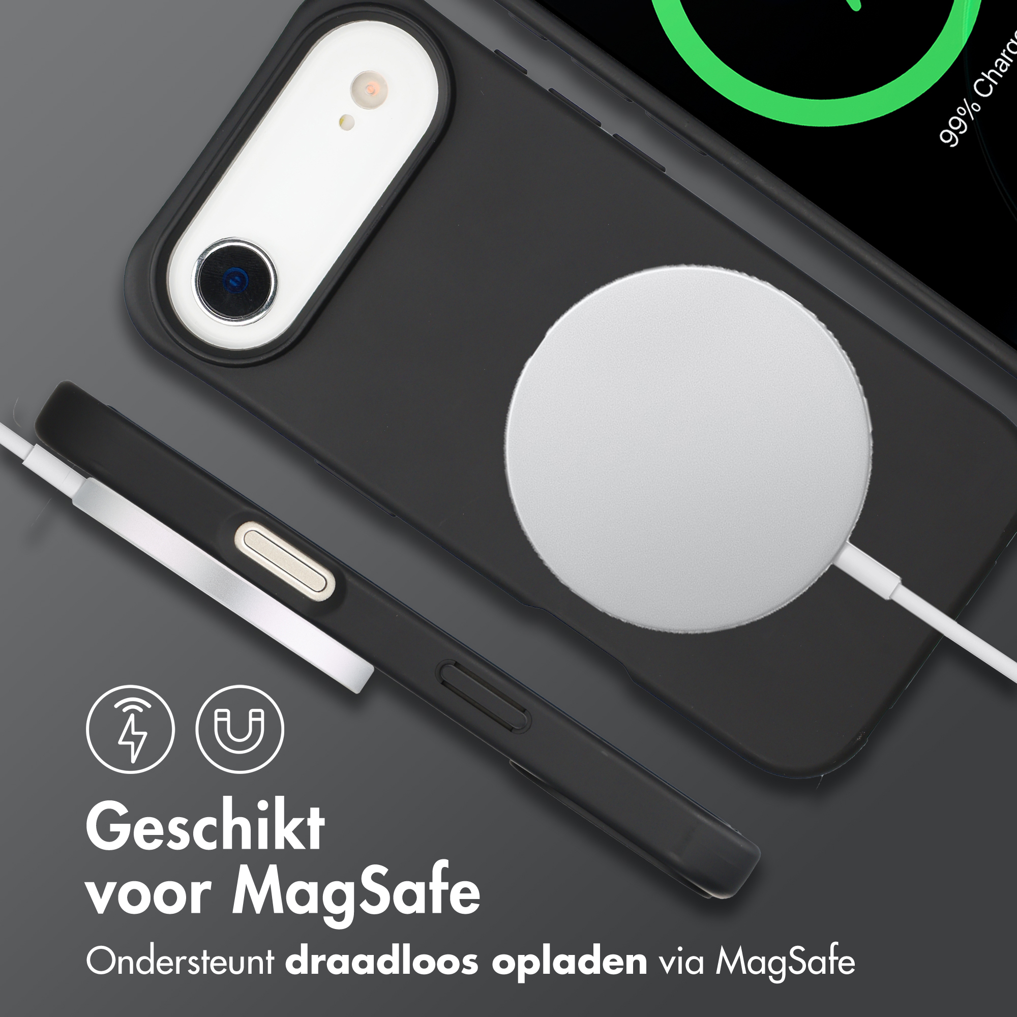 Een zwarte smartphone met MagSafe lader en kabel.