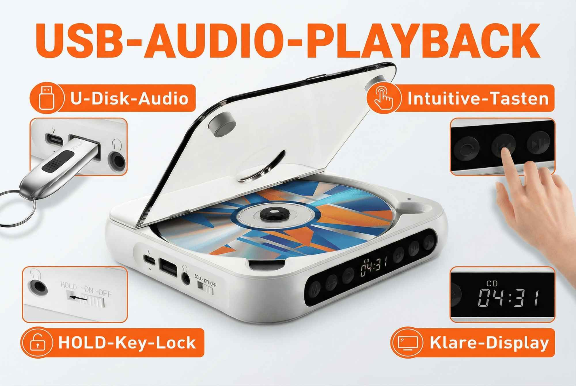 Tragbarer CD-Player mit USB-Audio, intuitiven Tasten und klarem Display.
