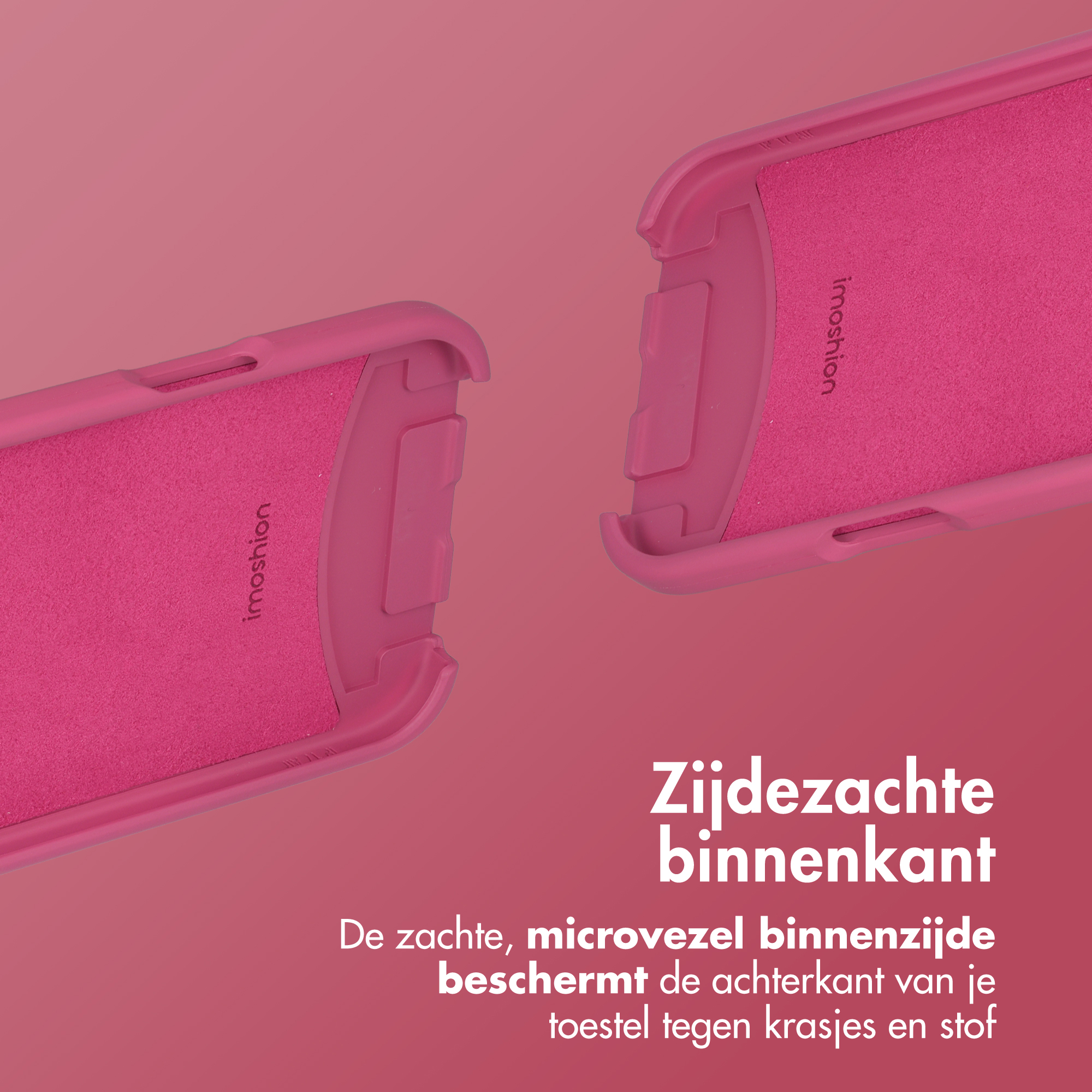 Deux coques de téléphone roses et douces avec le logo 'imoshion' sur fond rose.