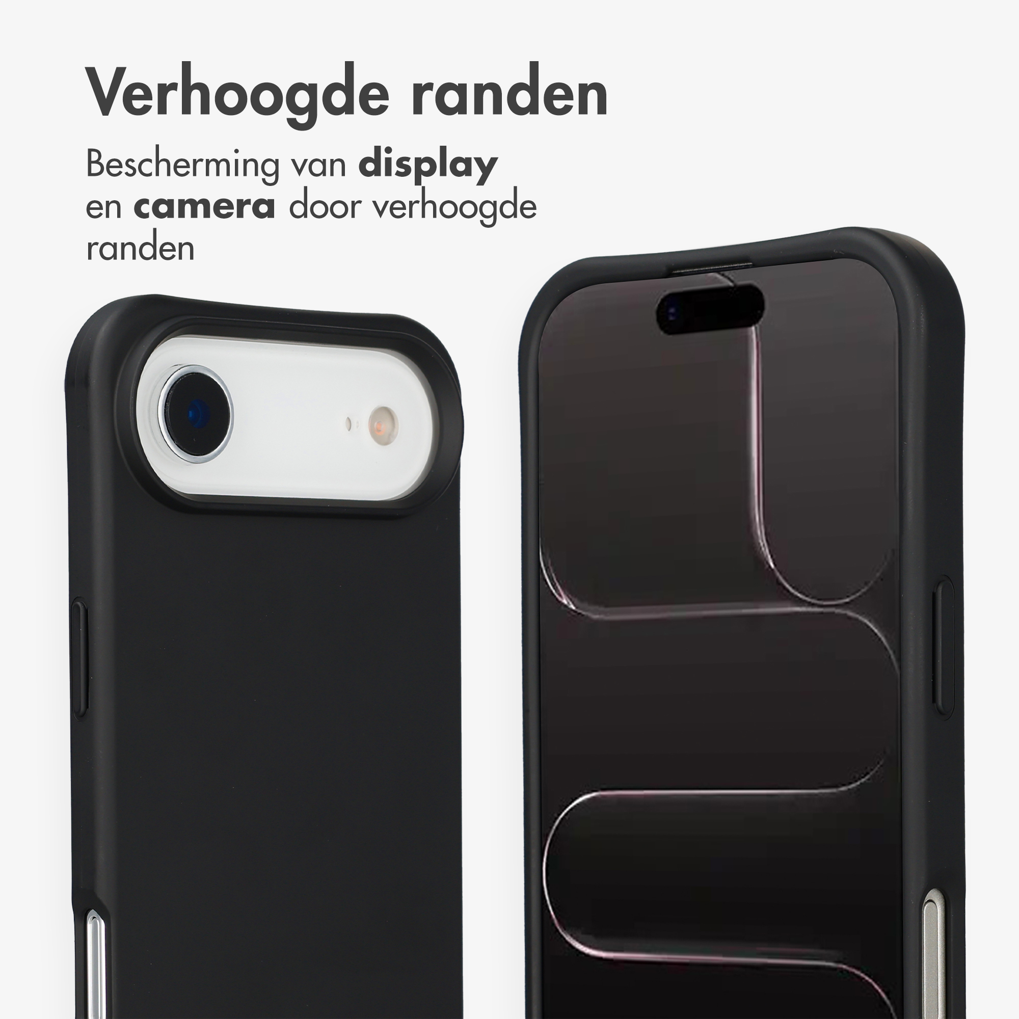 Close-up van twee zwarte telefoonhoesjes die verhoogde randen tonen ter bescherming.