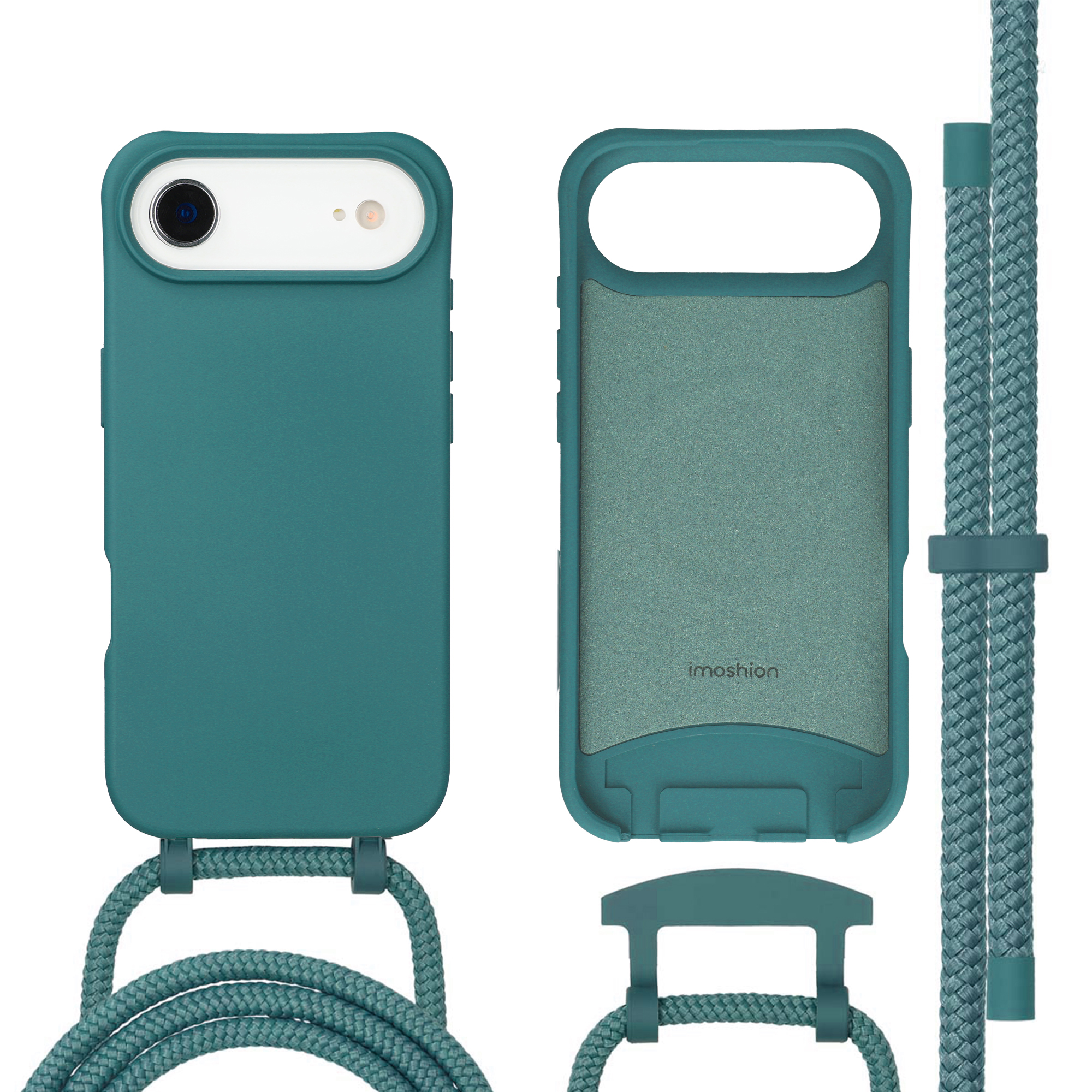 Een teal telefoonhoesje, voor- en achterkant, met gevlochten koord.