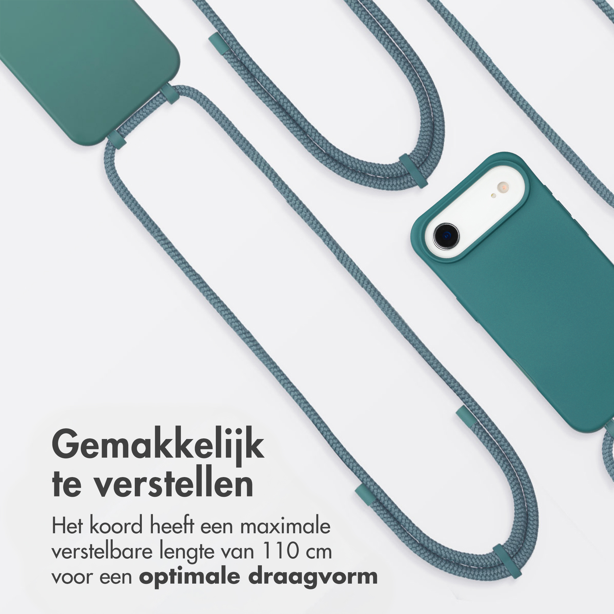 Twee teal telefoonhoesjes met verstelbare koorden op witte achtergrond.