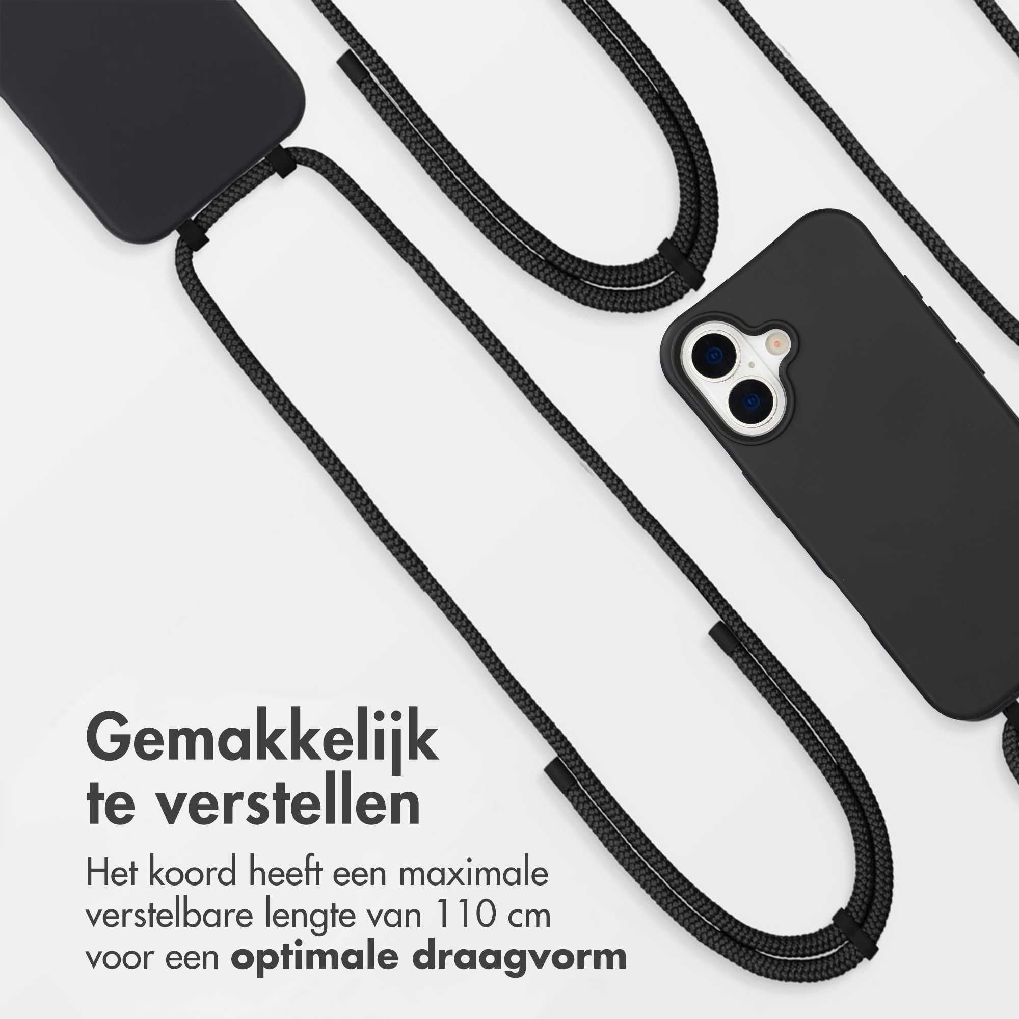 Zwarte telefoonhoes met verstelbaar zwart koord op witte achtergrond.