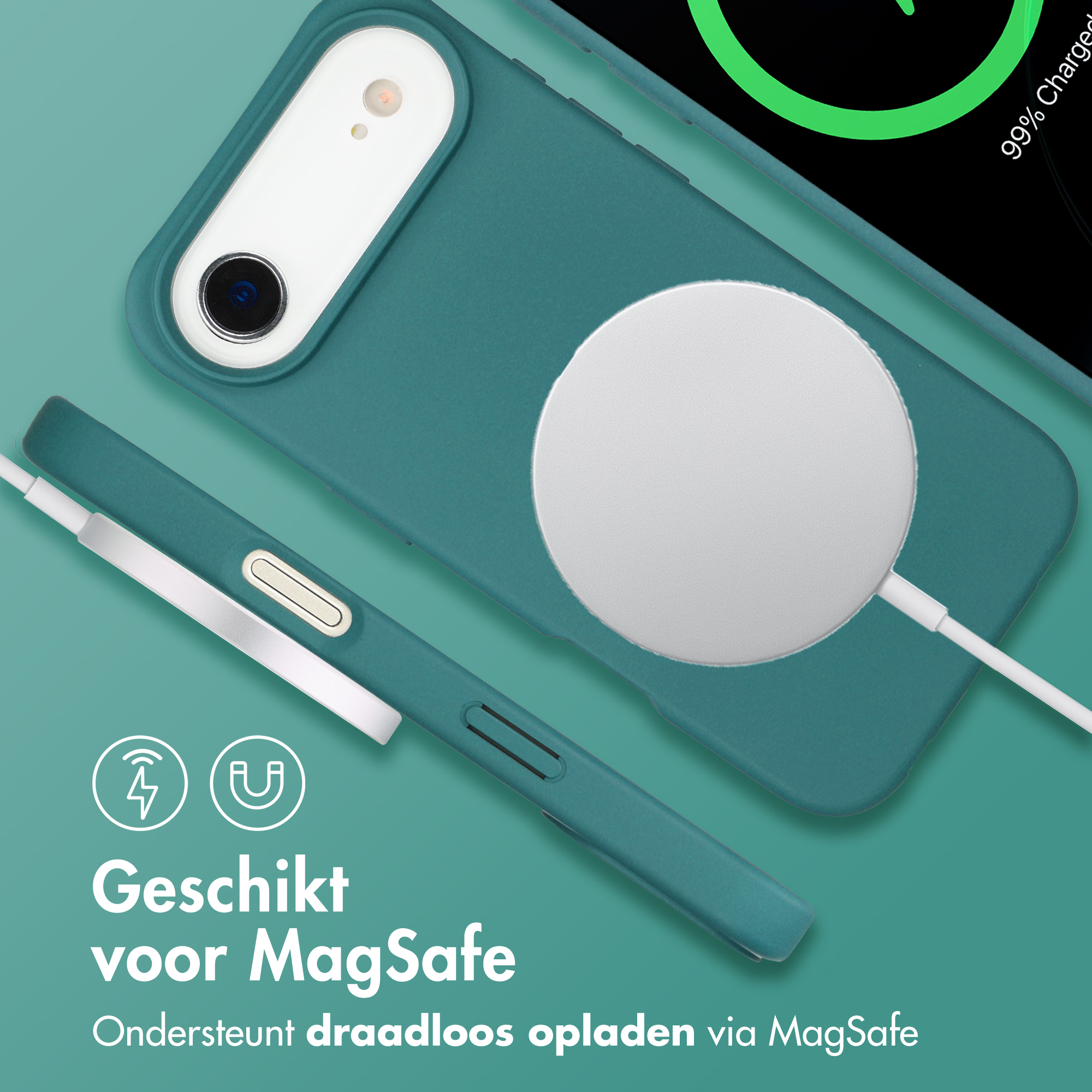Een tealkleurige telefoonhoes met MagSafe oplader en laadindicator.