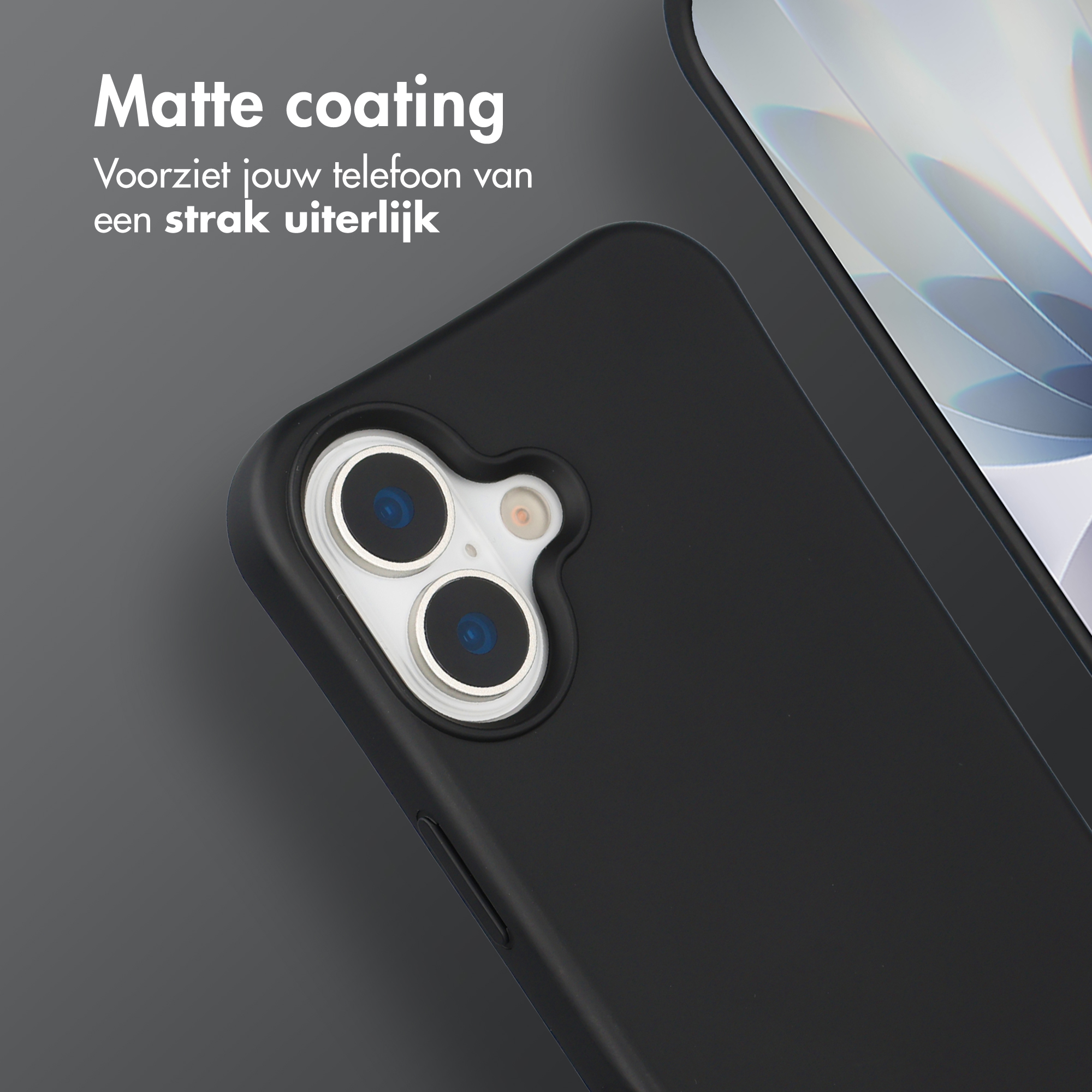 Zwarte telefoonhoes met dubbele camera en tekst 'Matte coating'.