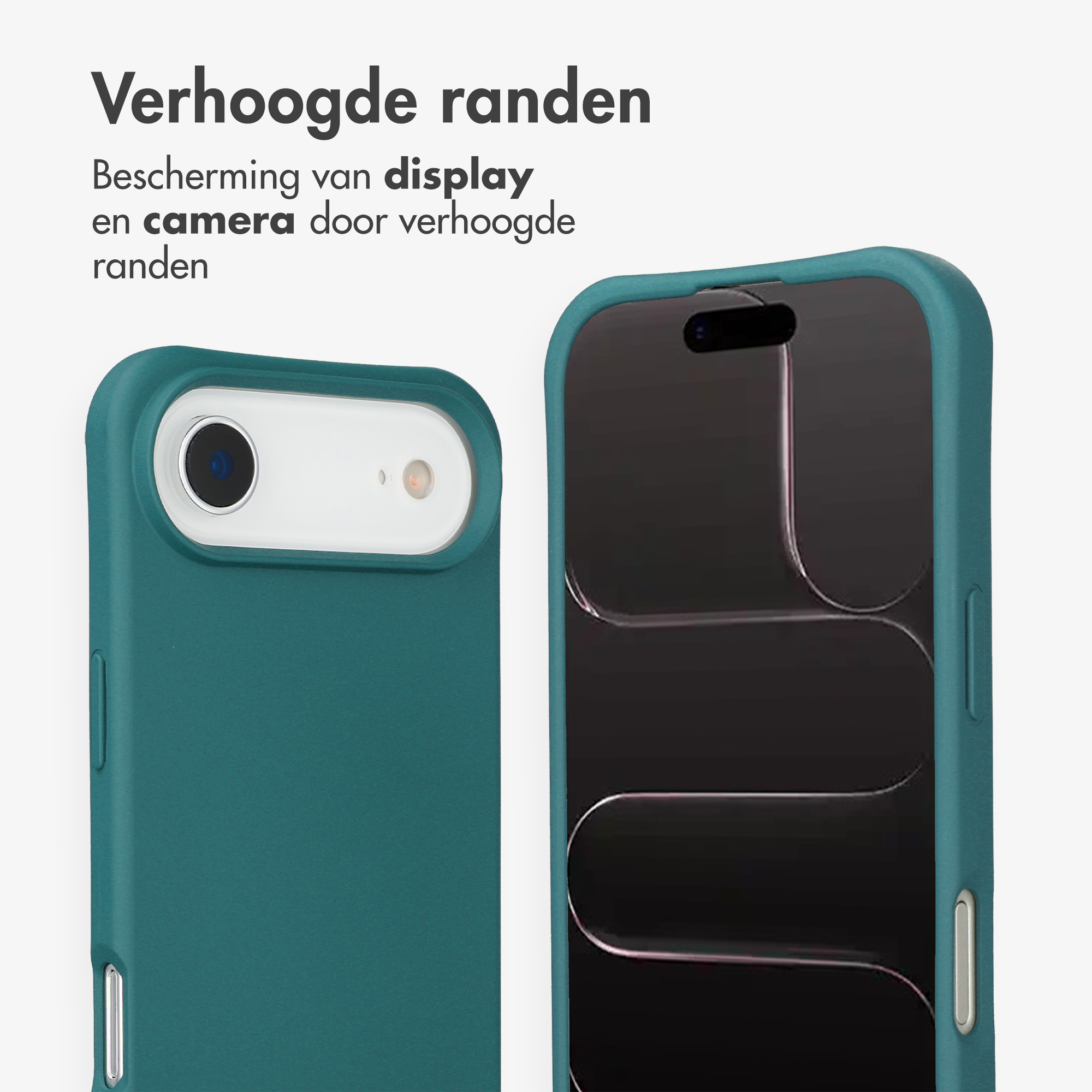 Twee petrolkleurige telefoonhoesjes, één toont de achterkant met camera.