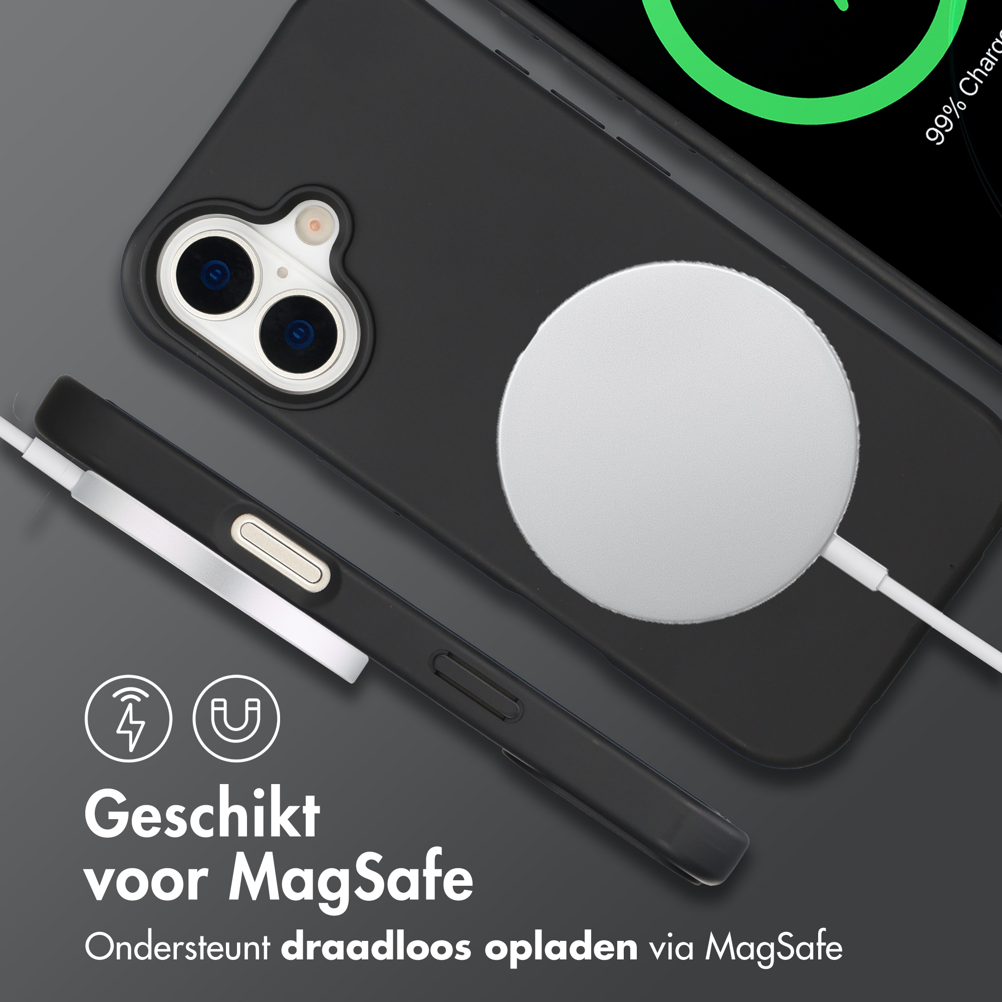 Zwarte telefoon met MagSafe oplader en kabel. "Geschikt voor MagSafe".