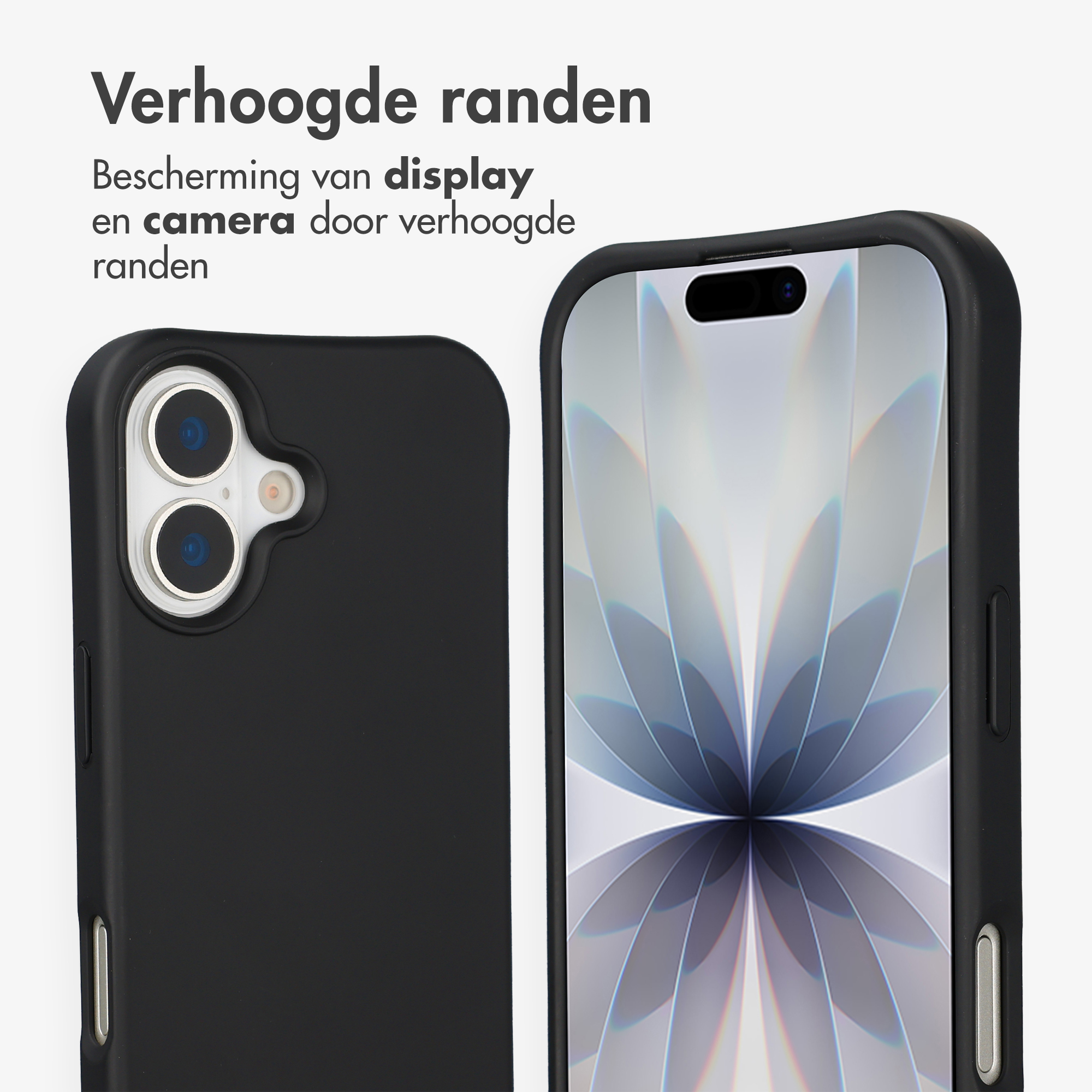 Zwarte telefoonhoes toont cameramodule en scherm met abstract patroon.