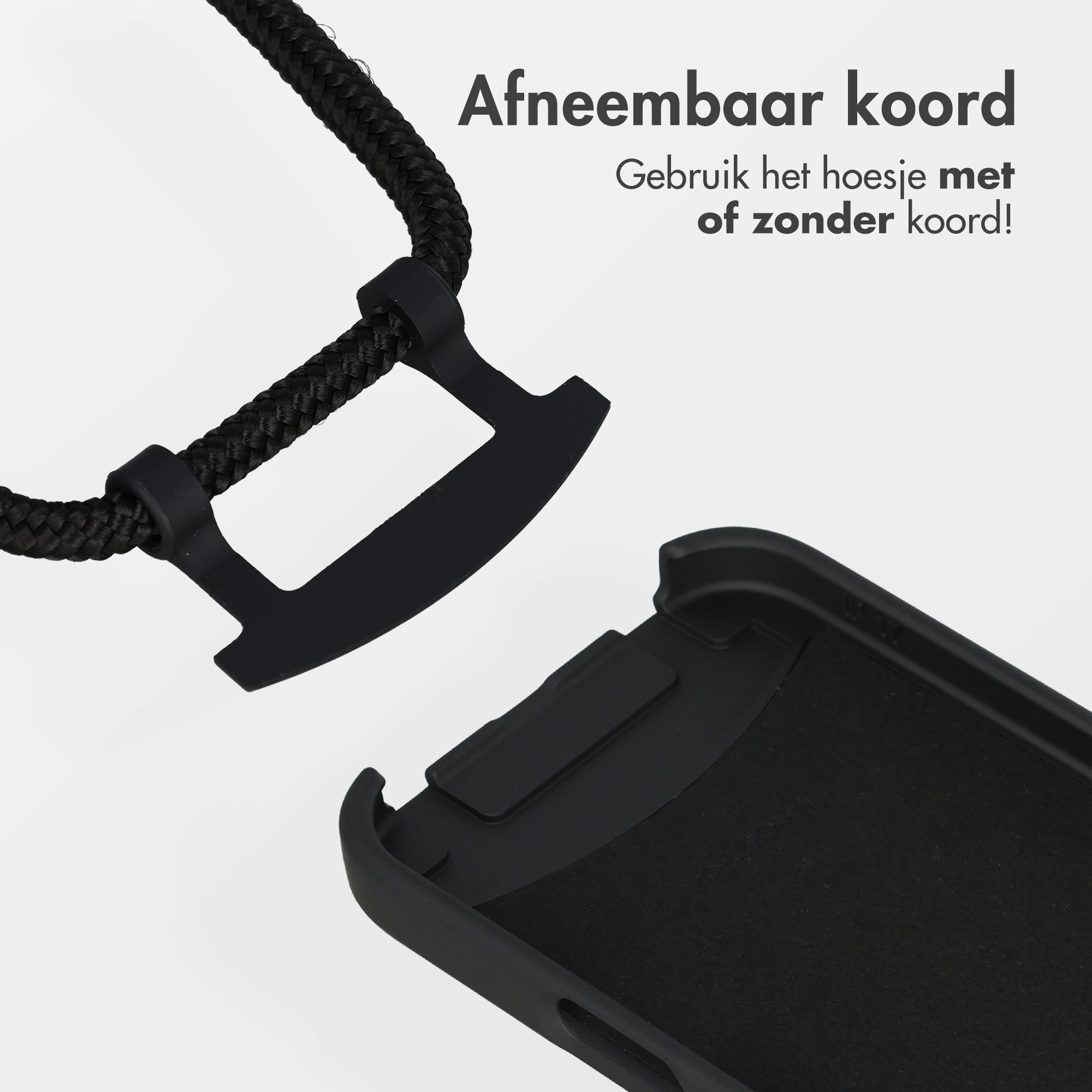 Zwart koord met haak en telefoonhoesje. Afneembaar koord ontwerp.
