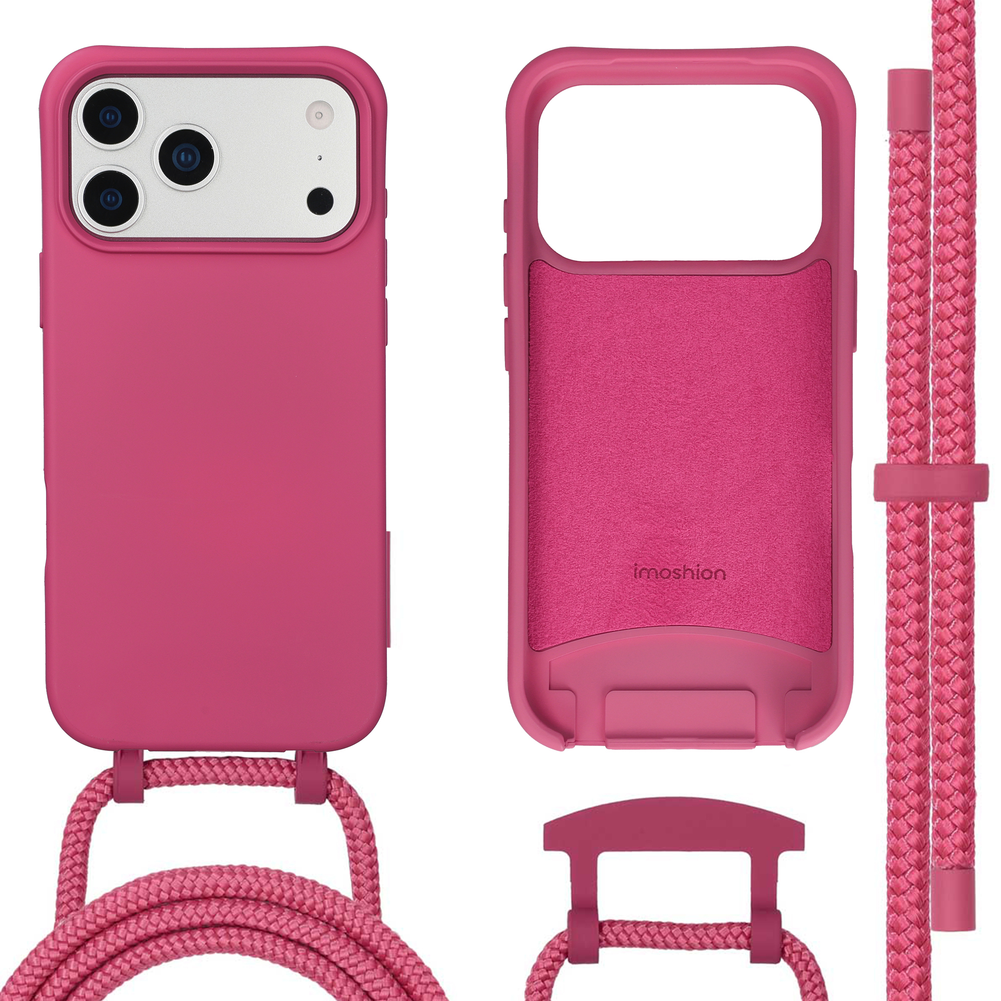 Een roze telefoonhoesje met camerabescherming en koord.