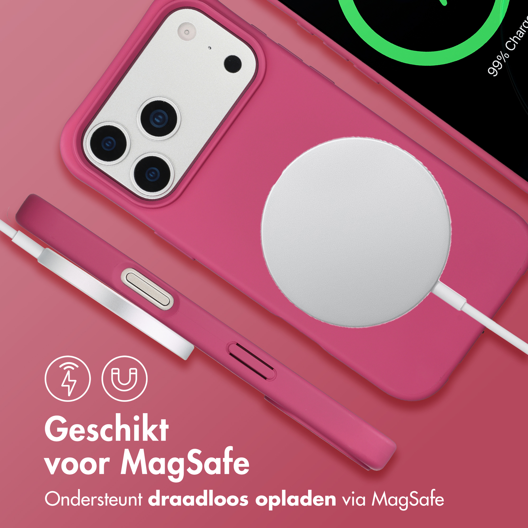 Een roze iPhone met MagSafe-oplader en laadindicator.