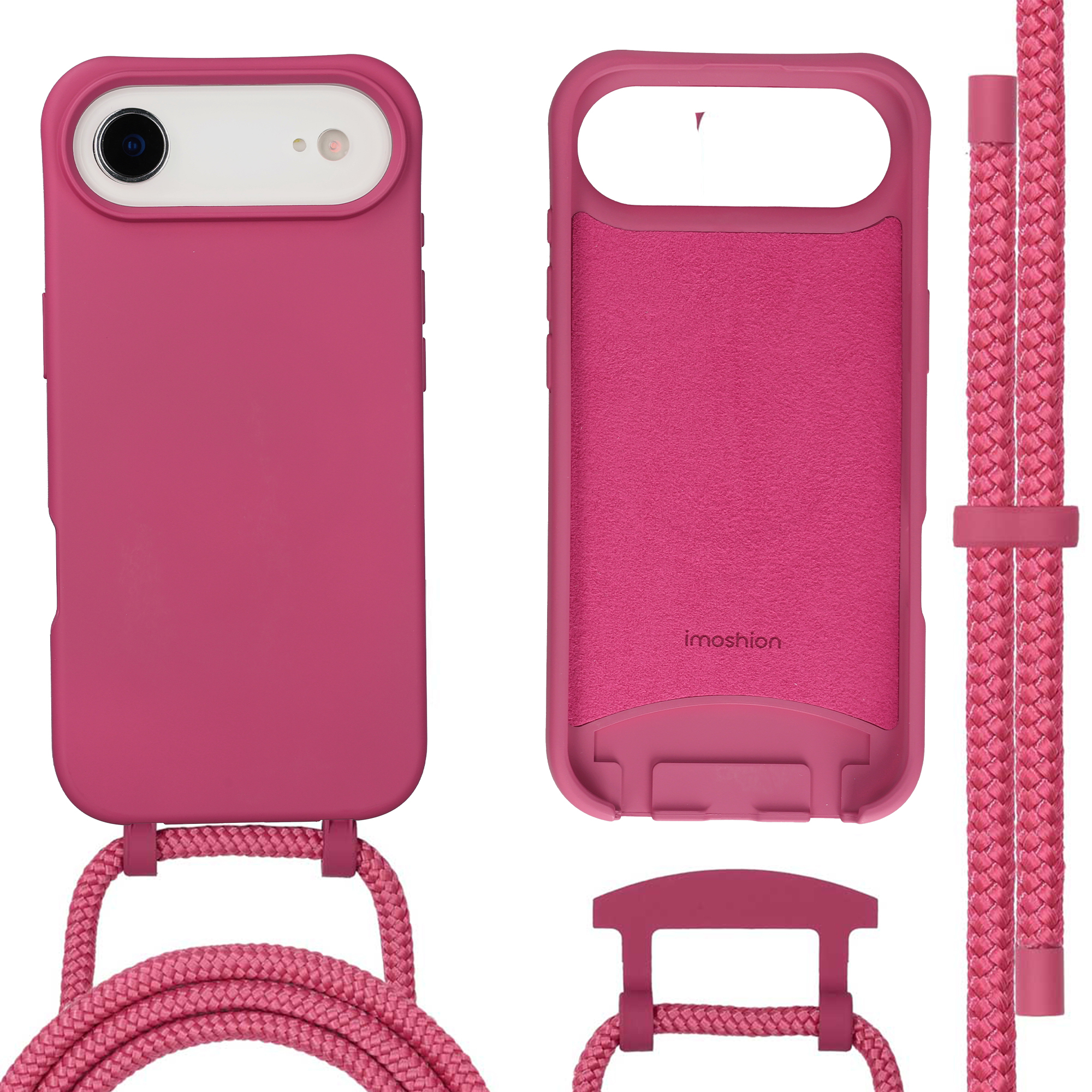 Roze telefoonhoes met koord. Toont voor-, achterkant en koord.