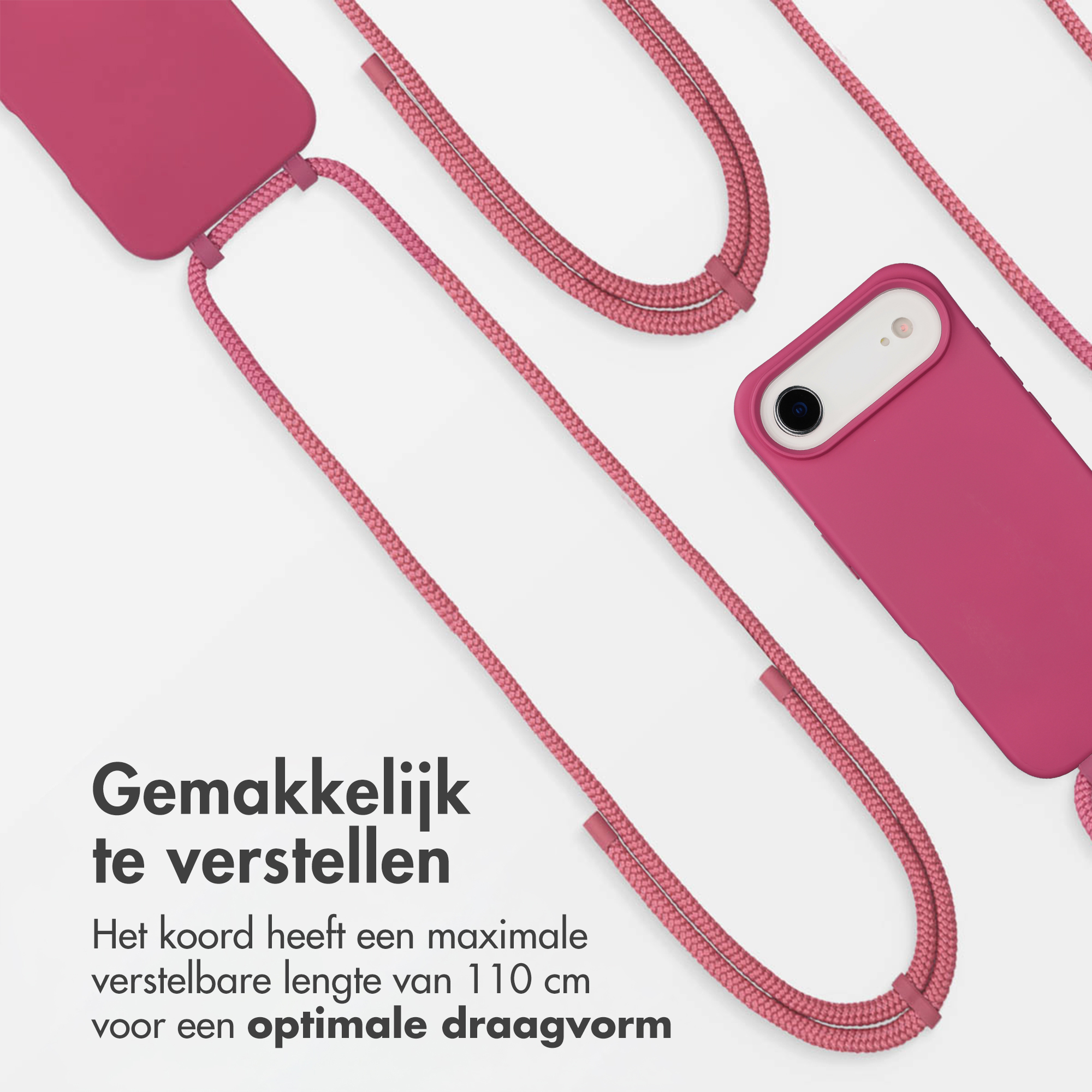 Een roze telefoonhoesje met verstelbaar koord.
