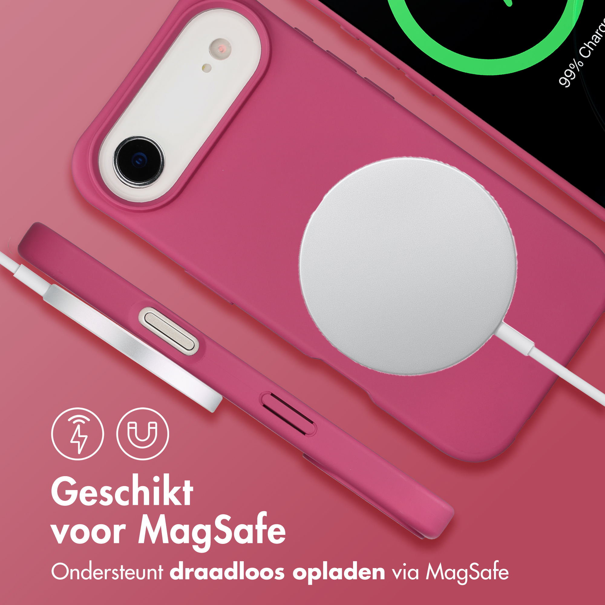 Een roze iPhone met MagSafe oplader en kabel.