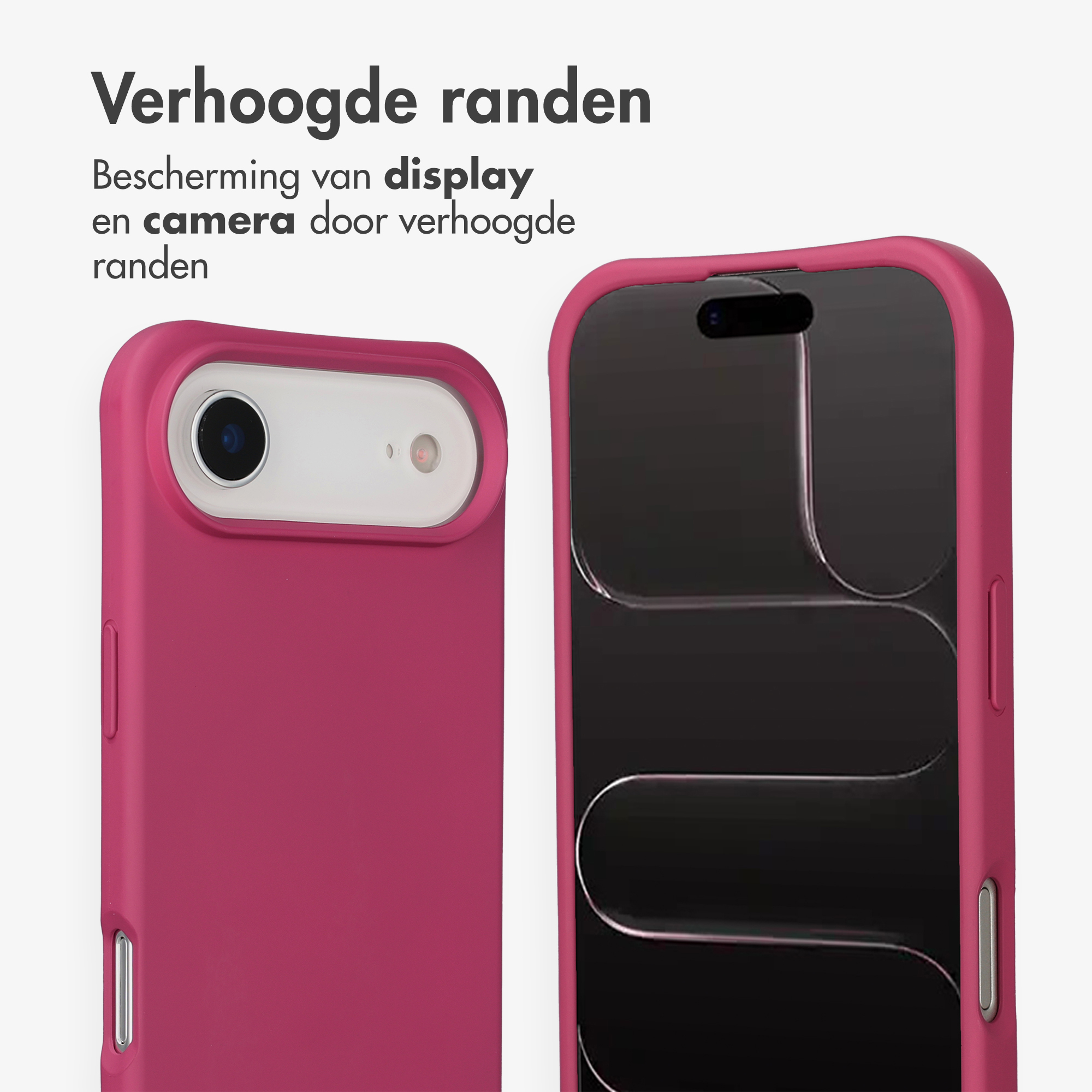 Twee roze telefoonhoesjes: één toont de achterkant met camera, de ander de voorkant.