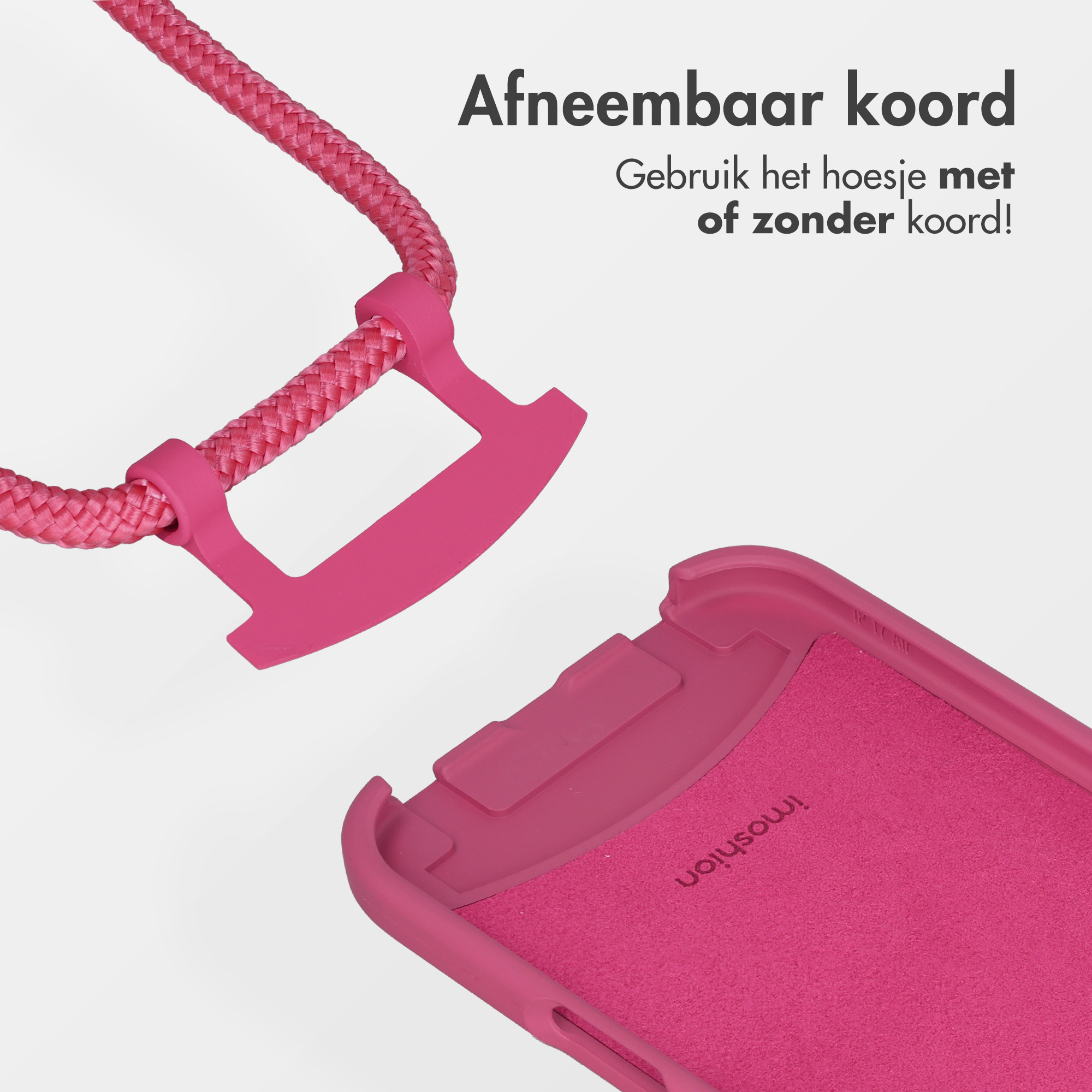 Een roze gevlochten koord met een roze bevestiging boven een telefoonhoesje.