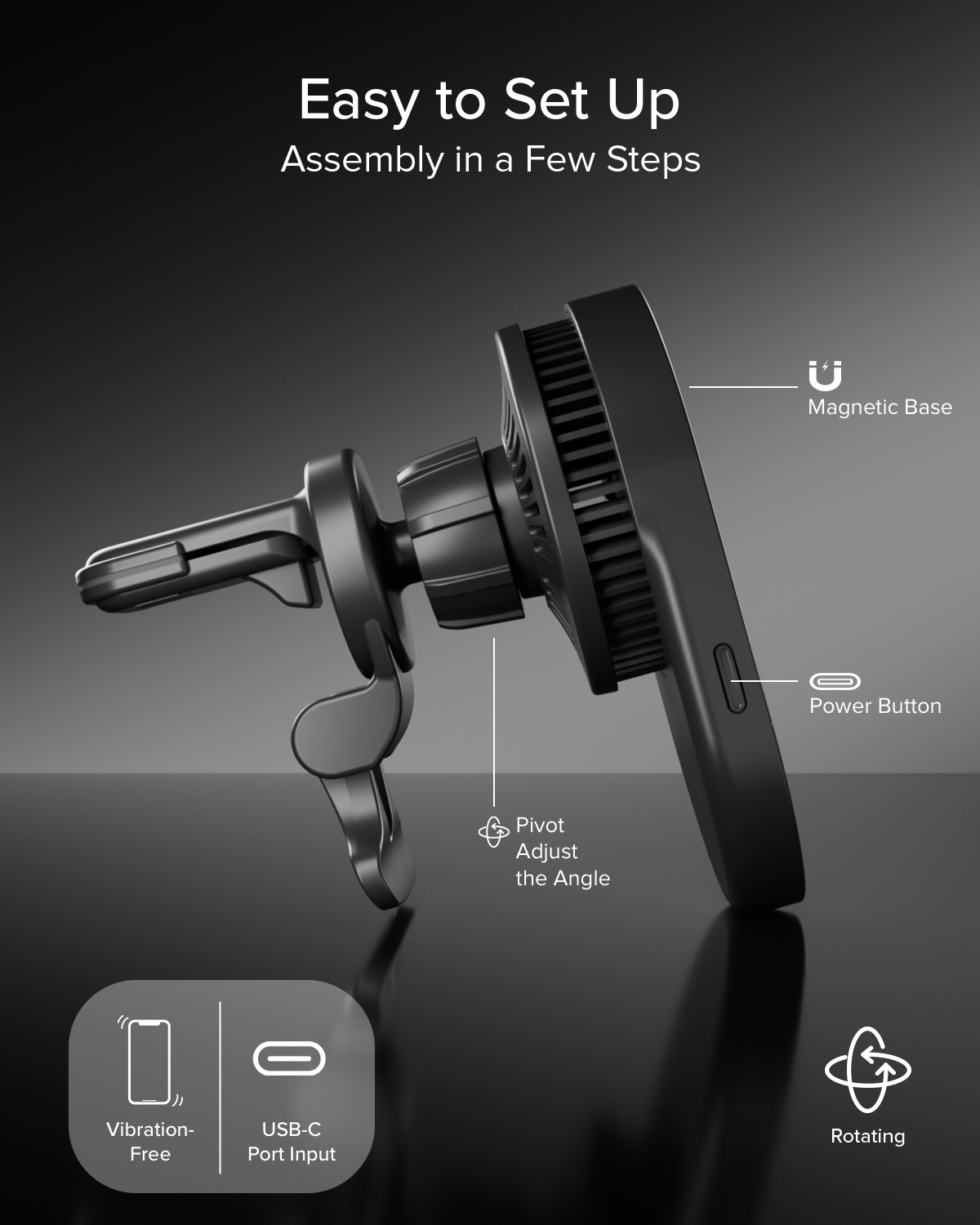Soporte negro para teléfono con base magnética, brazo giratorio y puerto USB-C.