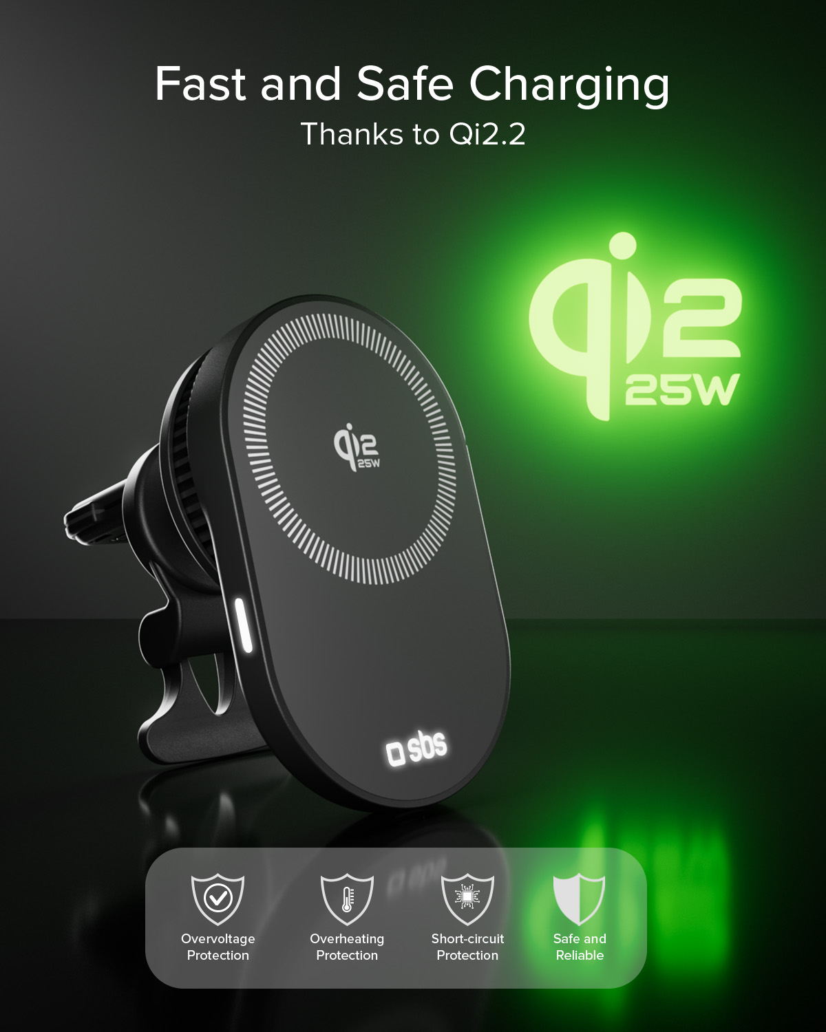 Un cargador negro Qi2 25W con iconos de protección abajo.