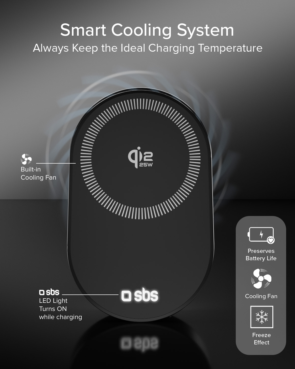 Cargador Qi negro con icono de ventilador y texto que indica sistema de refrigeración.
