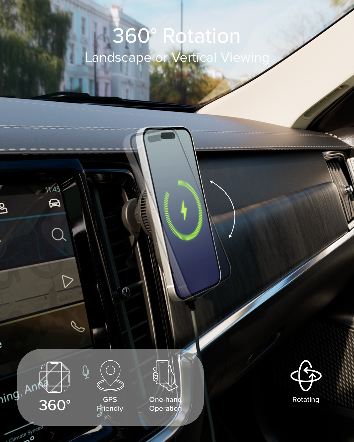 Un soporte para teléfono gira en un coche, mostrando rotación 360.
