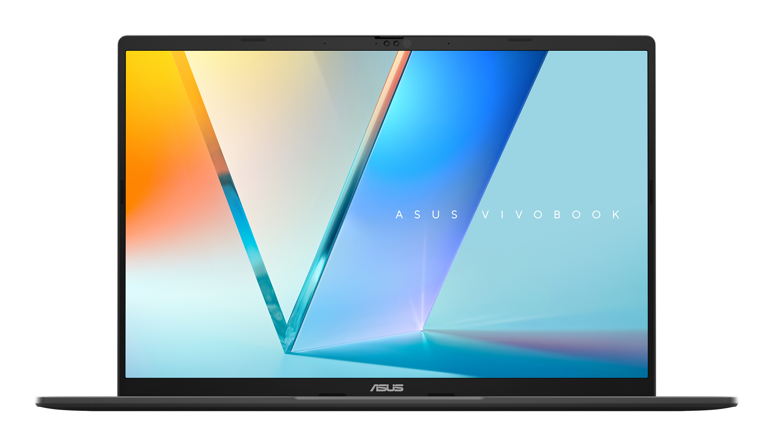 Un laptop nero con uno sfondo colorato sullo schermo.