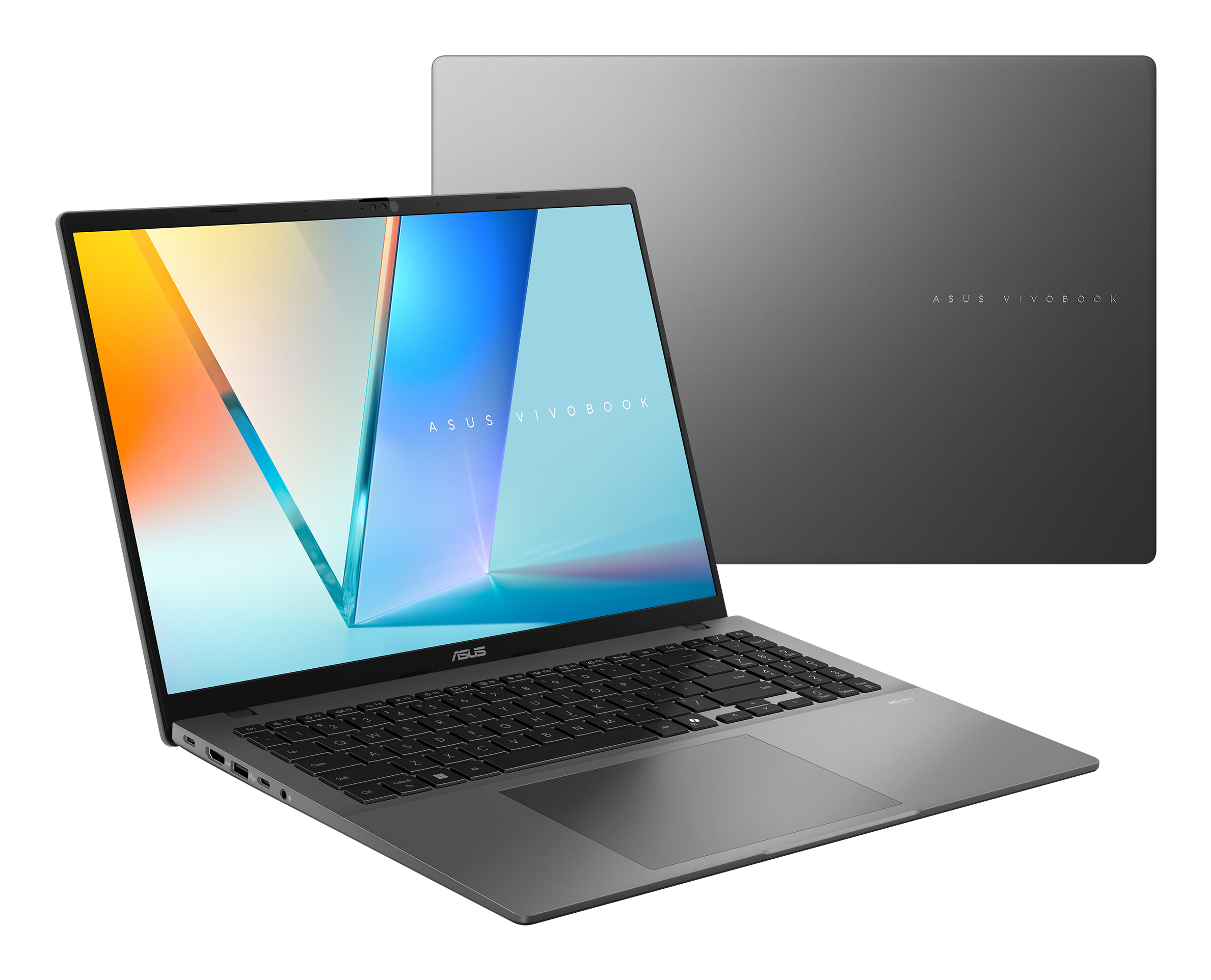 Un laptop Asus Vivobook grigio, aperto, con display colorato.