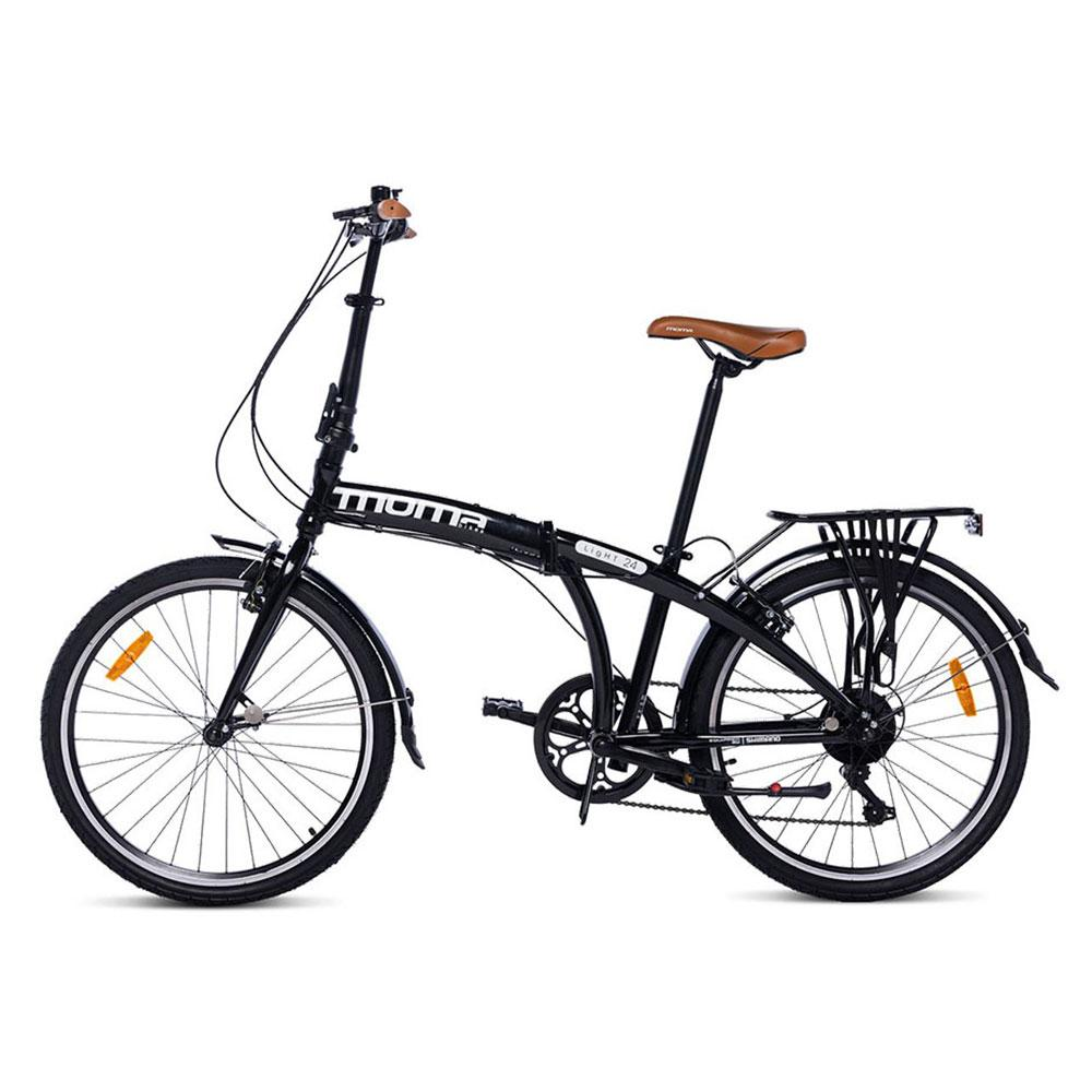 Schwarzes Klappfahrrad mit braunem Sattel und Gepäckträger.