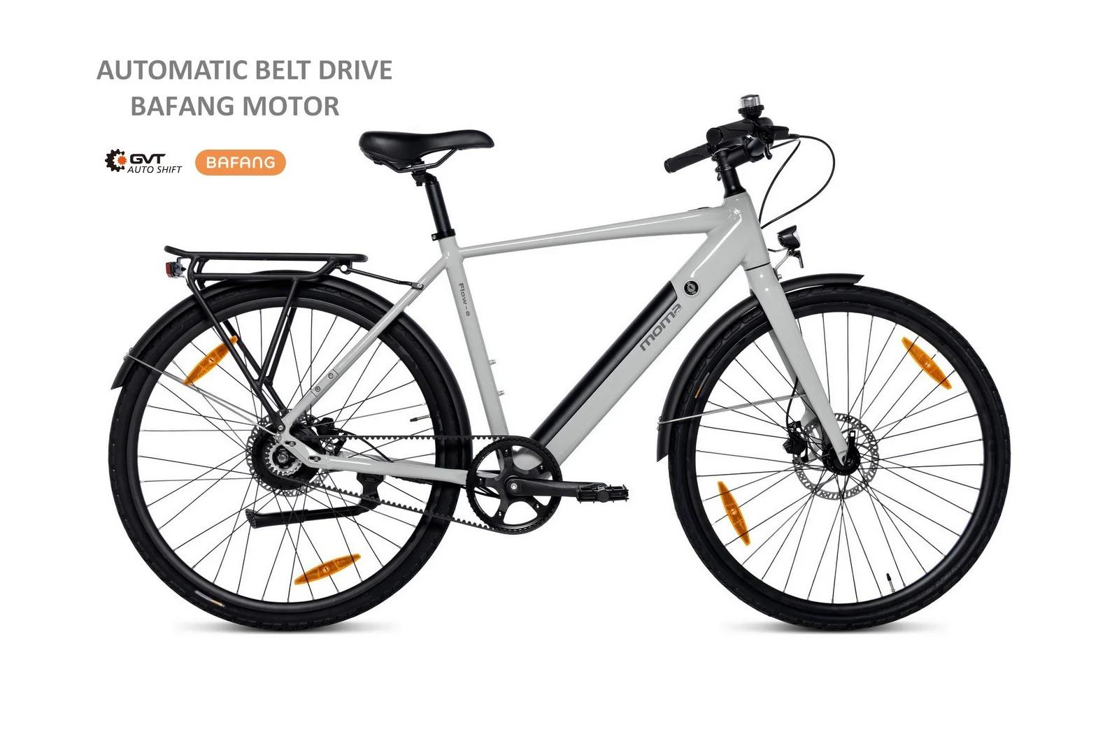 Bicicletta da uomo grigia con portapacchi, trasmissione a cinghia e freni a disco.