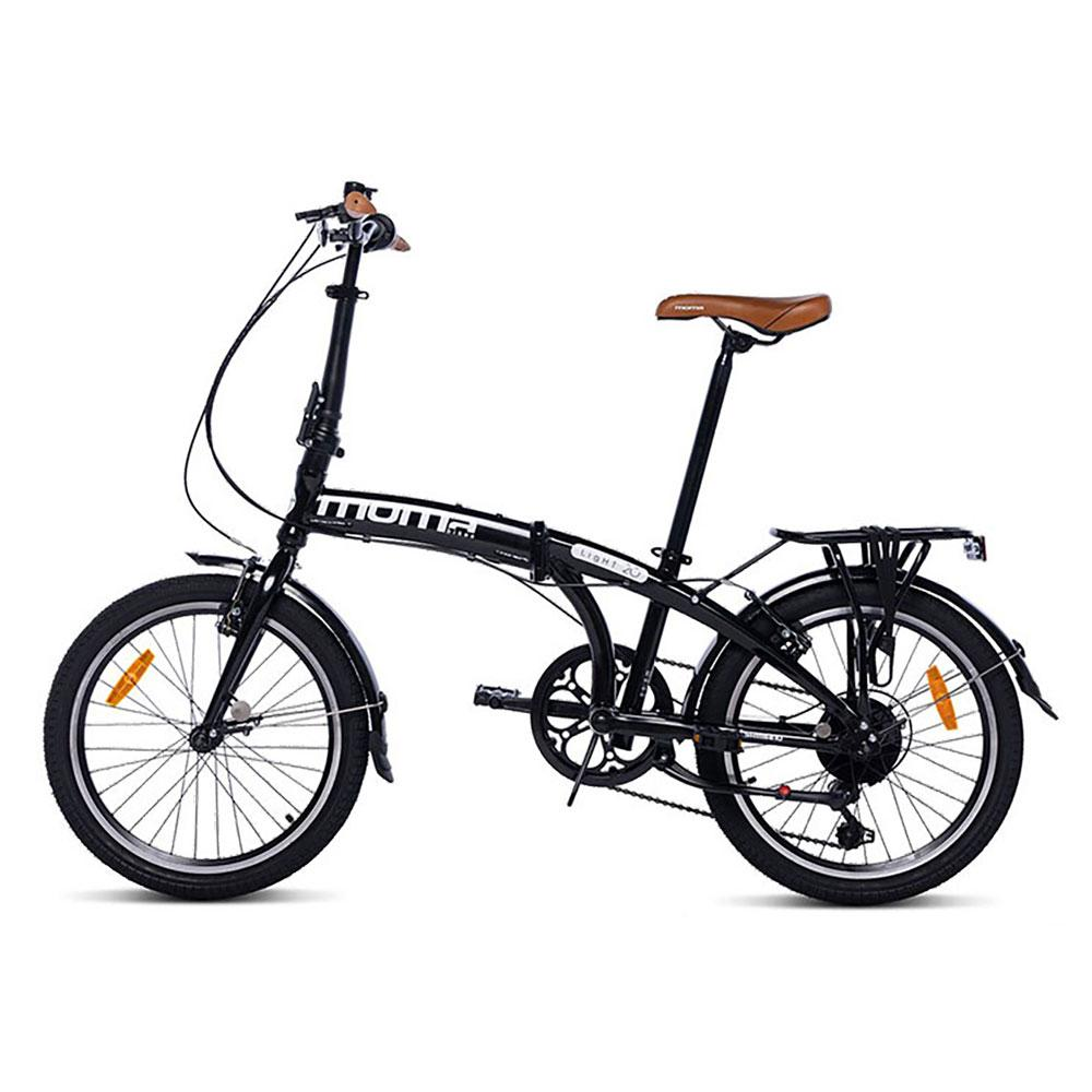 Bicicletta pieghevole nera con sella marrone e portapacchi.