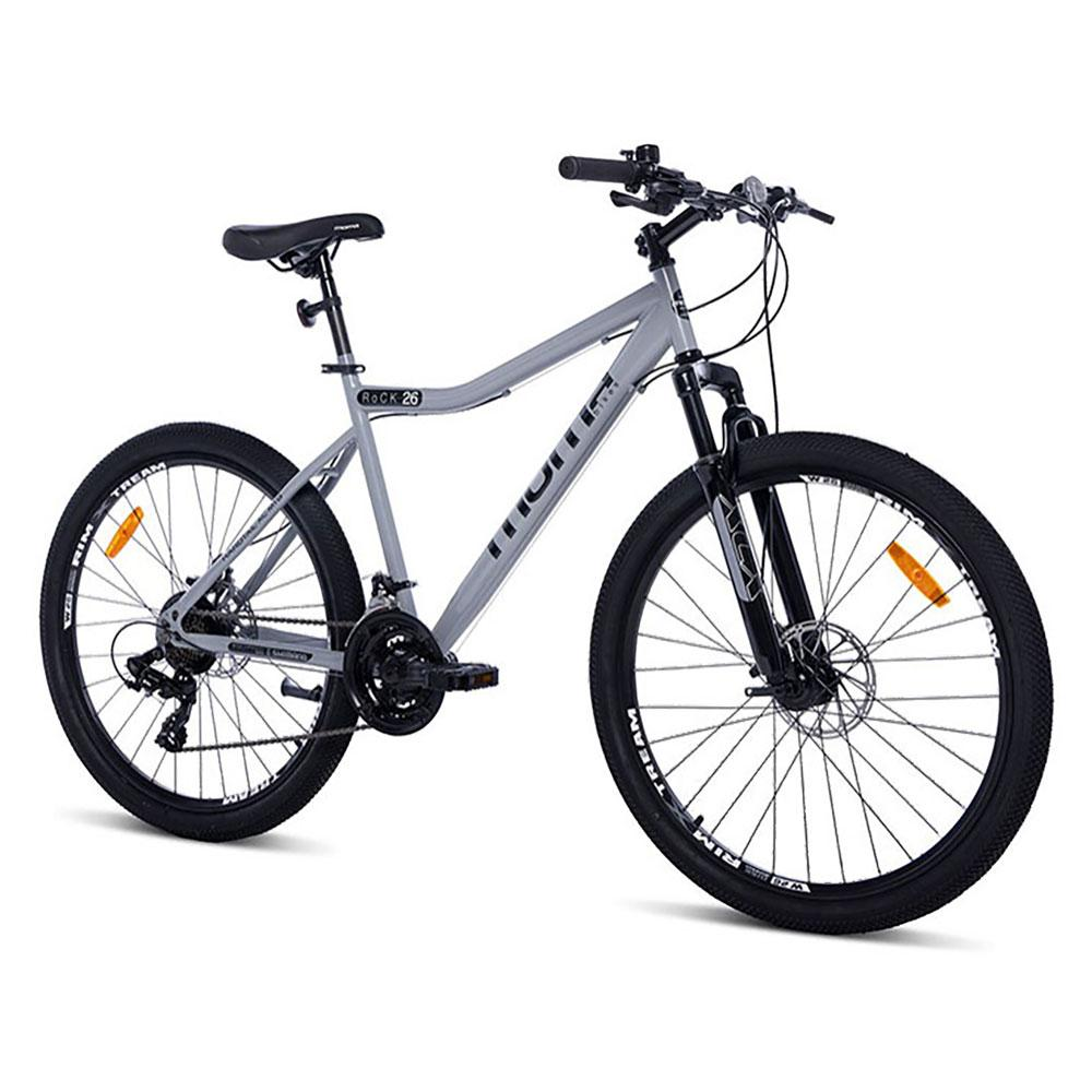 Graues Mountainbike mit schwarzen Reifen und Felgen, Scheibenbremsen und Federgabel.