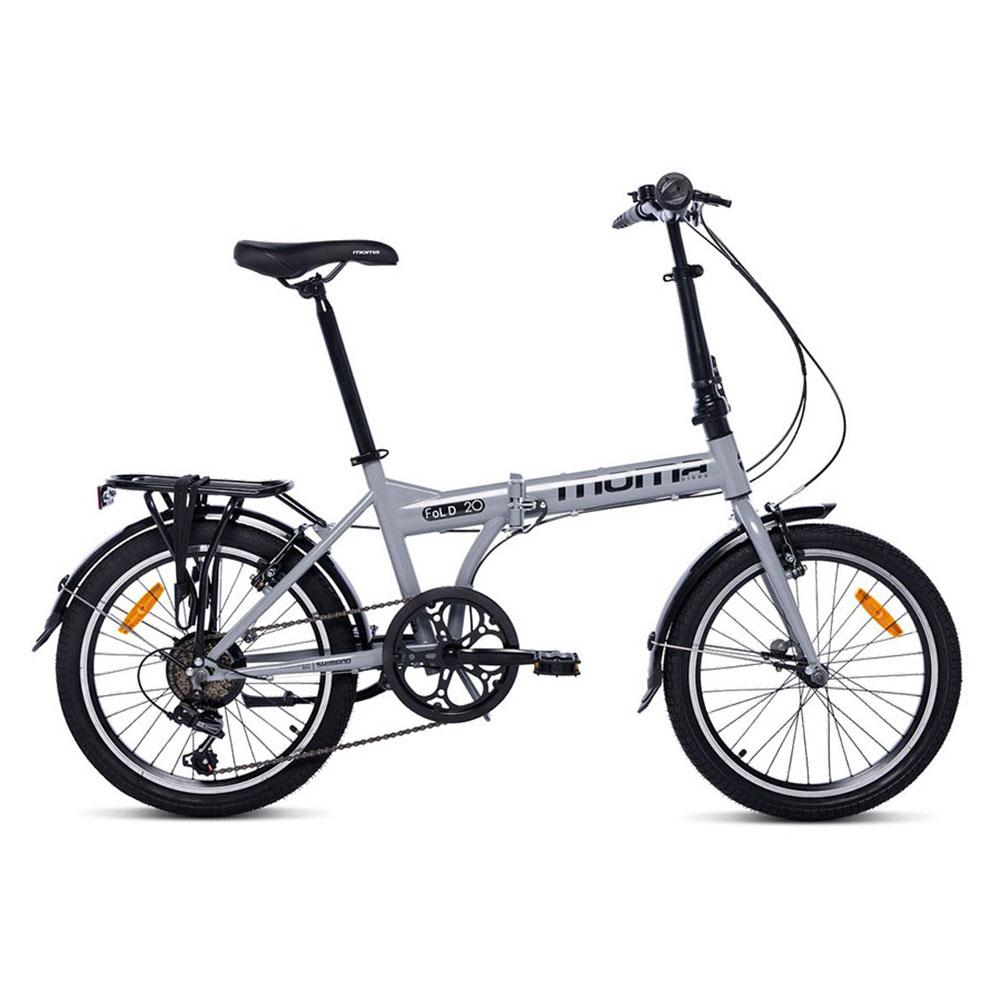 Bicicletta pieghevole grigia con parafanghi neri e portapacchi.
