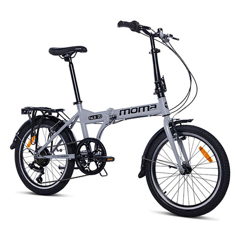 Bicicletta pieghevole grigia con sella nera, portapacchi e riflettori arancioni.