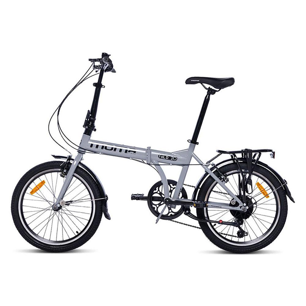 Una bicicletta pieghevole argentata con pneumatici, sella e portapacchi neri.