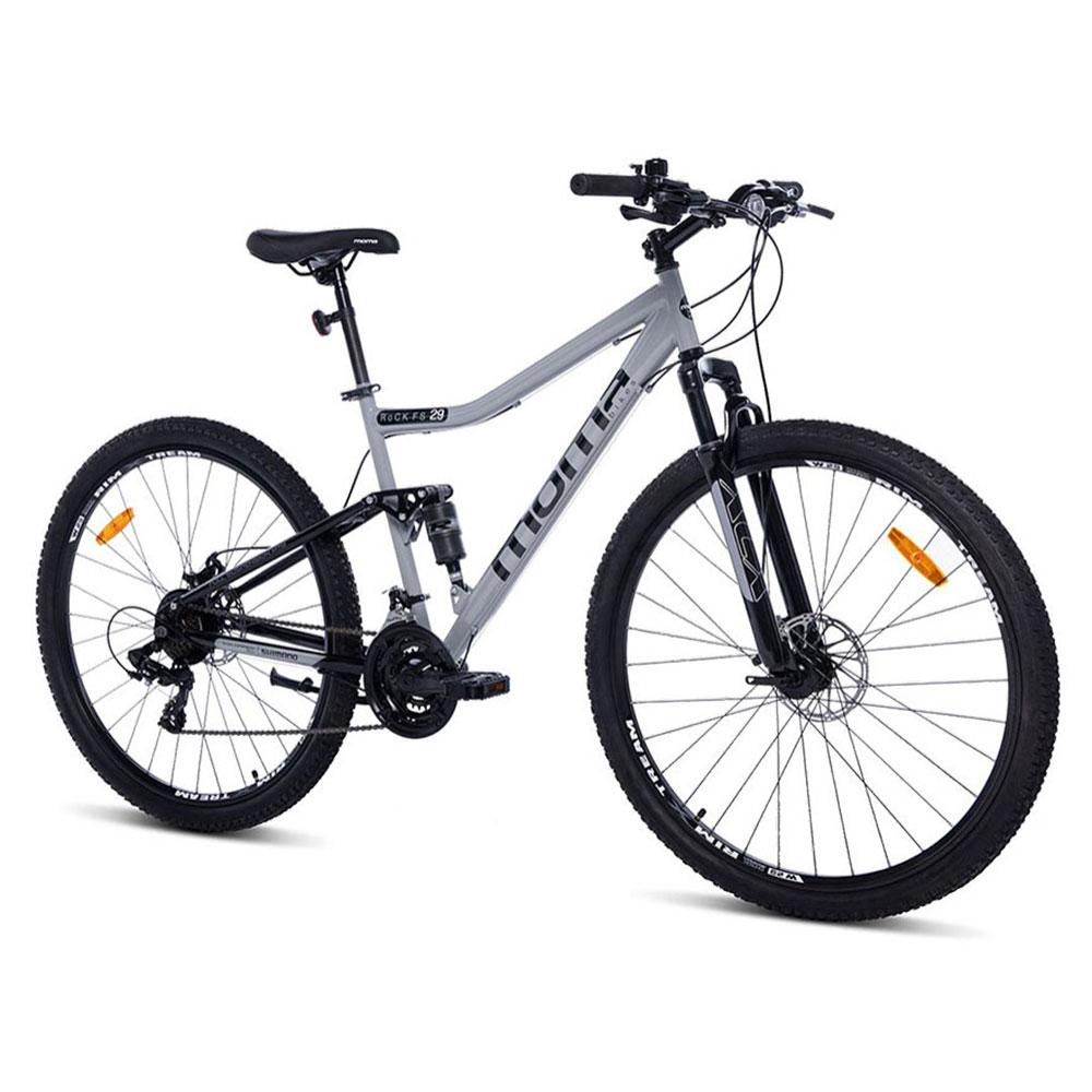 Mountain bike grigia full-suspension con freni a disco e copertoni neri.