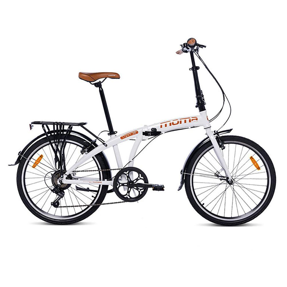 Una bicicletta pieghevole bianca con sella marrone e portapacchi.
