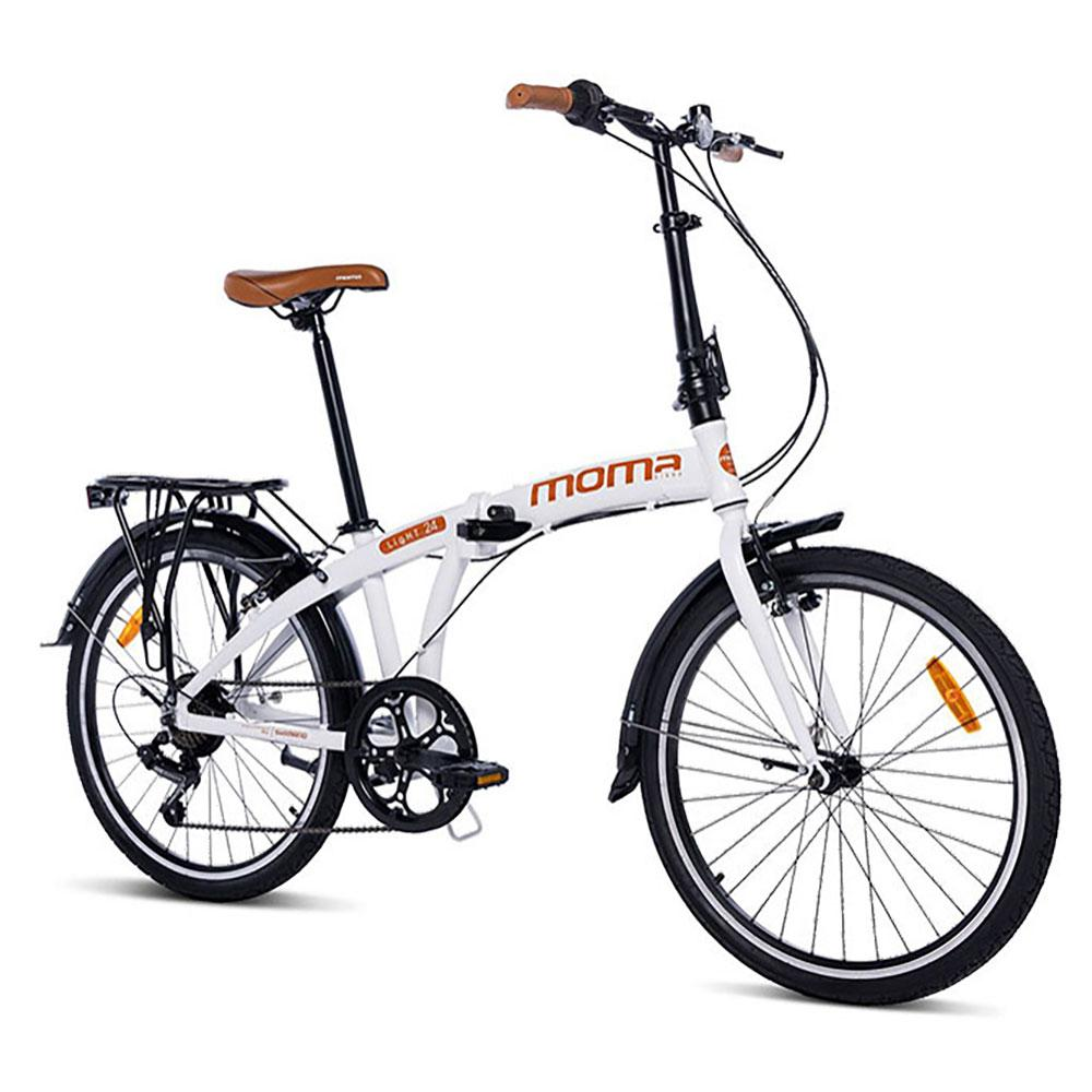 Bicicletta pieghevole bianca con sella e manopole marroni, portapacchi nero.
