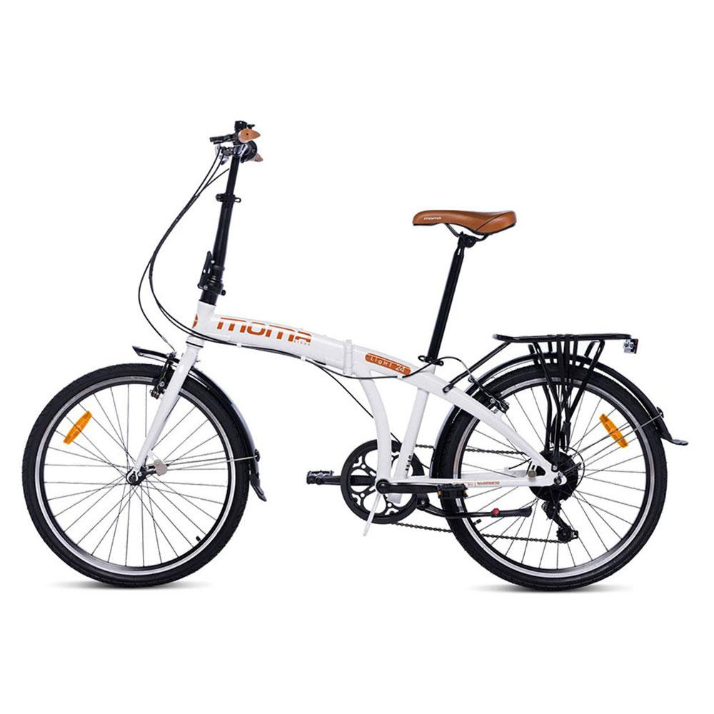Bicicletta pieghevole bianca con sella marrone e portapacchi nero.