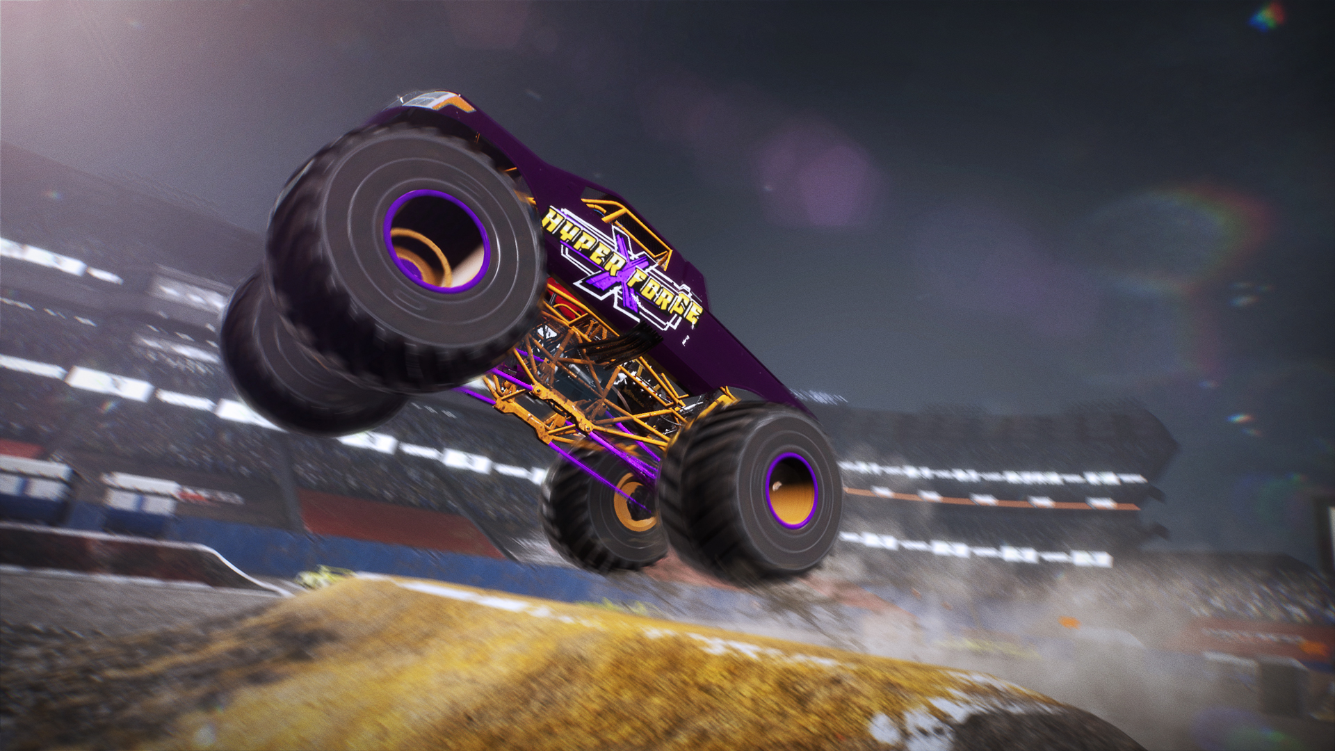 Ein violtes Monster-Truck mit "HYPER FORCE" springt.