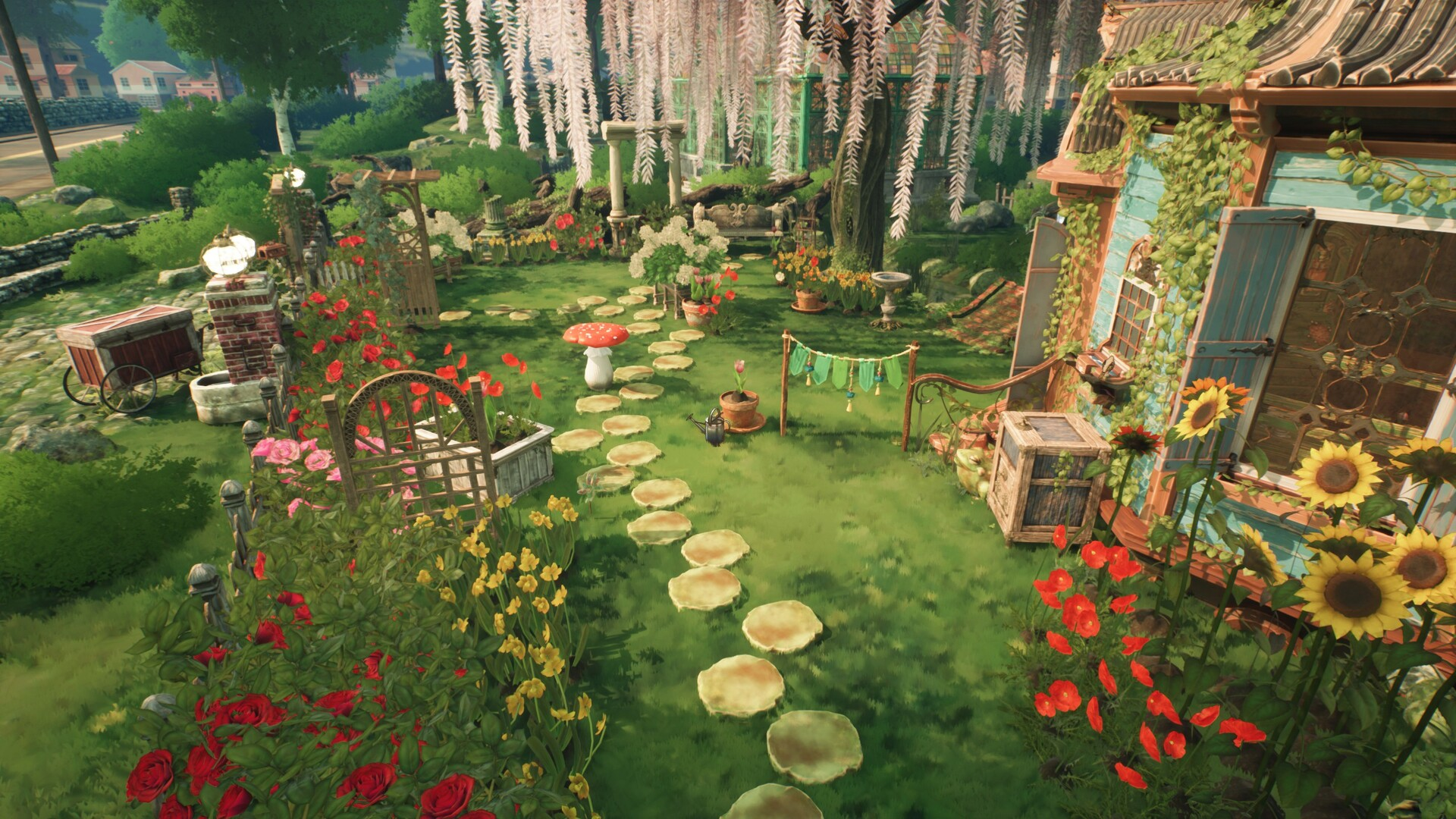 Ein verwunschener Gartenpfad mit Steinen führt zu einem Haus. Blumen und Pflanzen schmücken den Weg.