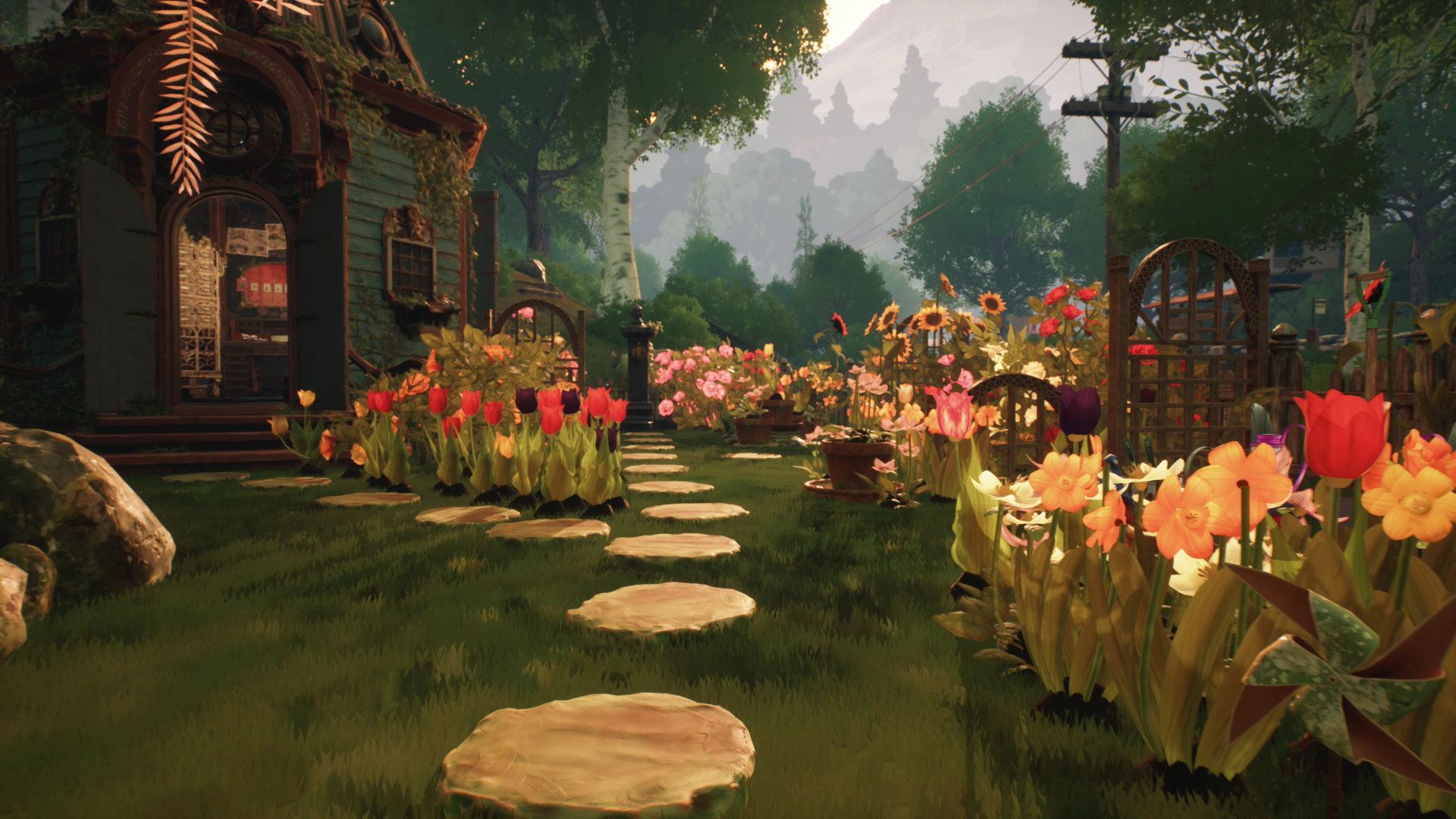 Ein malerischer Garten mit einem urigen Haus, bunten Blumen und einem Steinpfad.