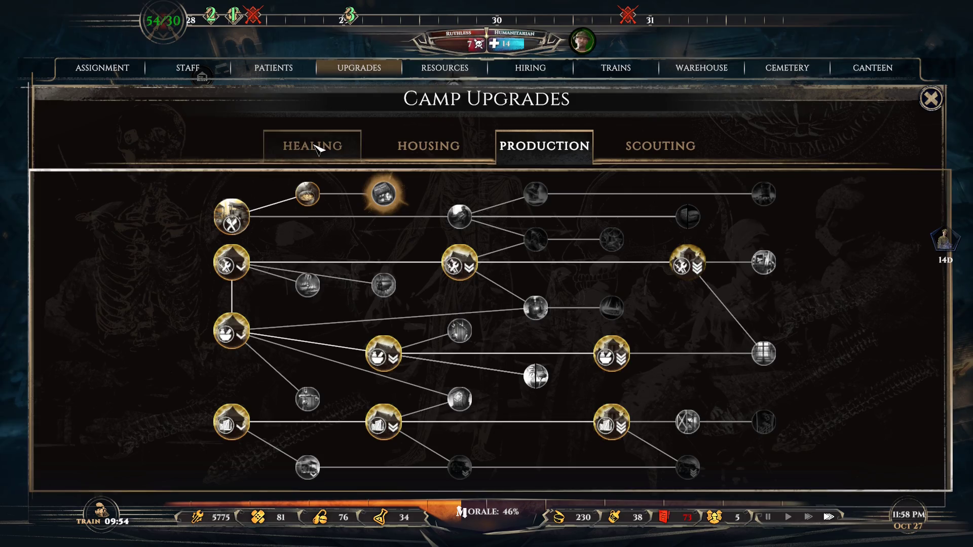 Das Camp-Upgrade-Menü mit aktiver Produktions-Registerkarte.