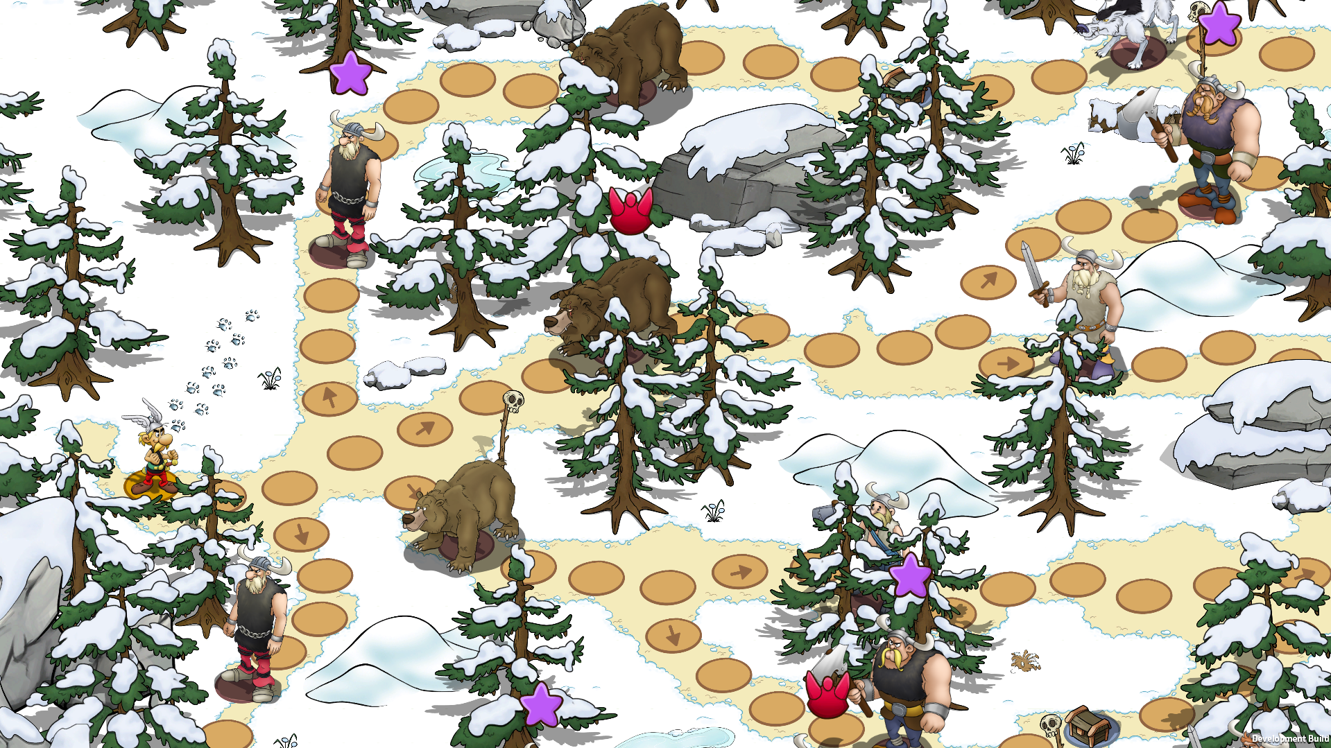 Wikinger und Bären im Schnee auf einem Brettspielpfad.