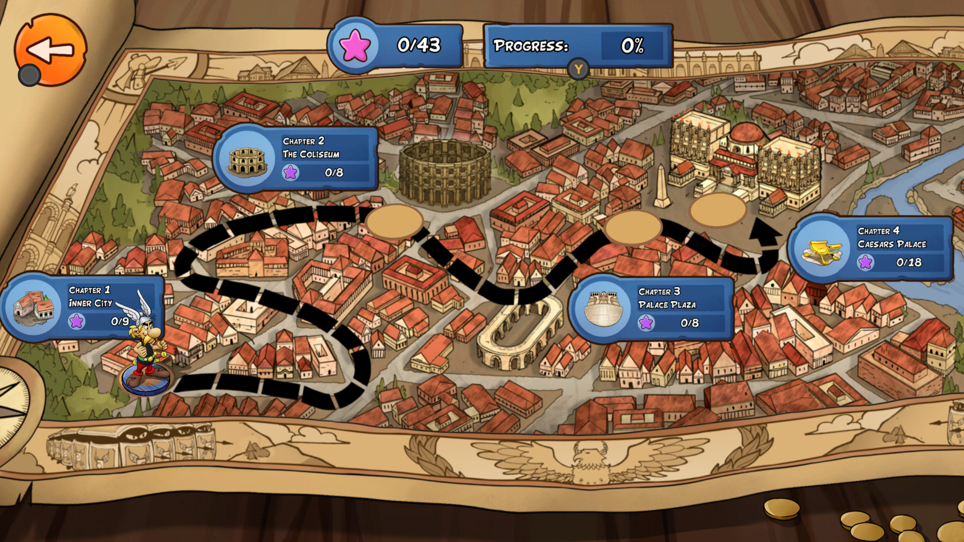 Spielkarte mit römischer Stadt, Kapiteln und Fortschrittsanzeige.