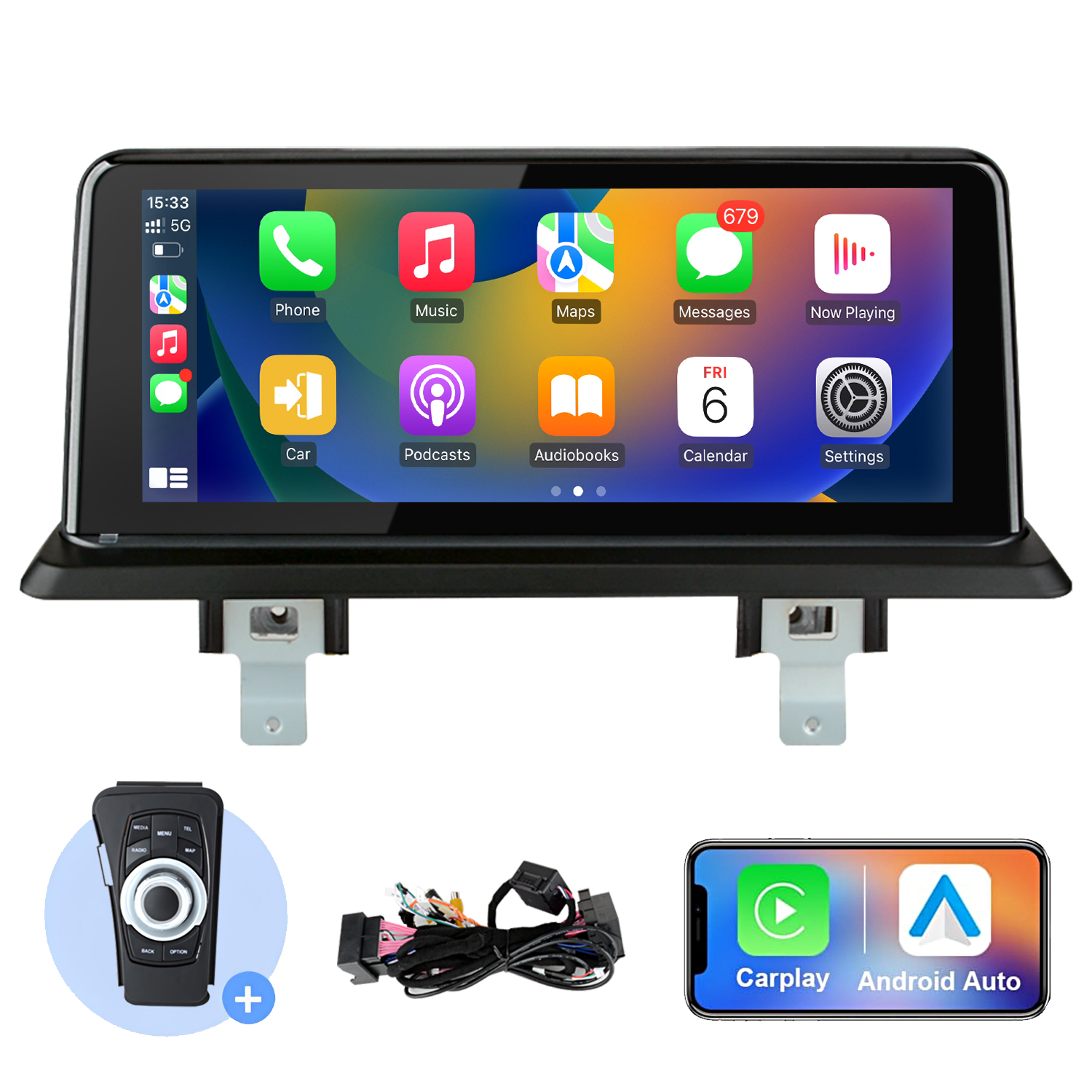 Autoradio con touchscreen e accessori: telecomando, cavi, display smartphone.
