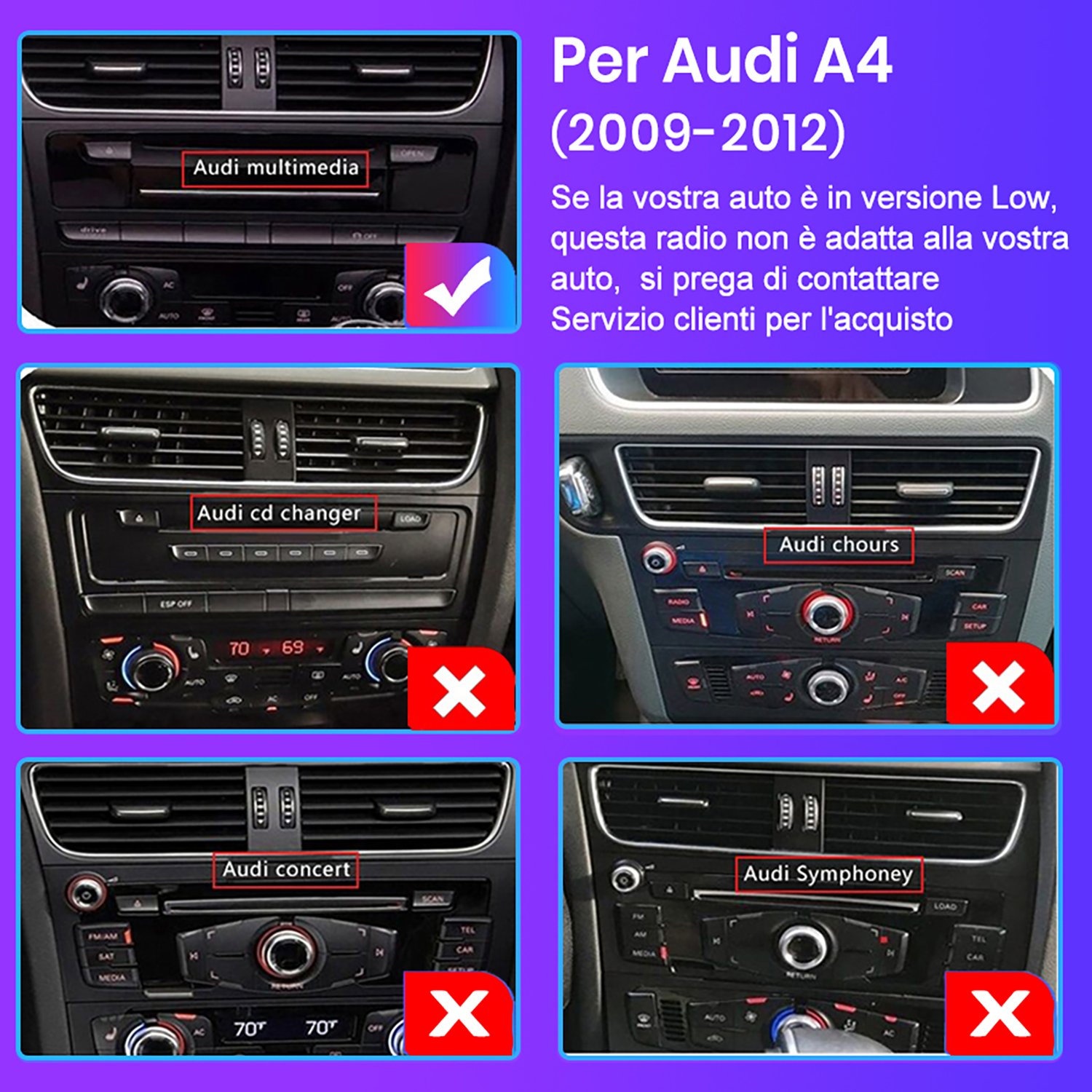 Sistemi di infotainment Audi A4 (2009-2012) con opzioni.