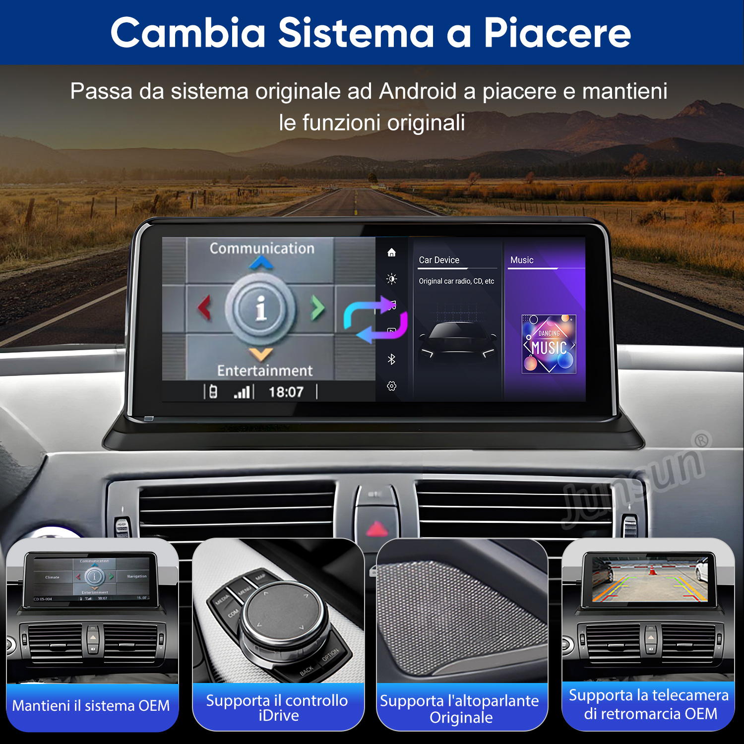 Schermo auto con navigazione, musica e vista telecamera retromarcia.