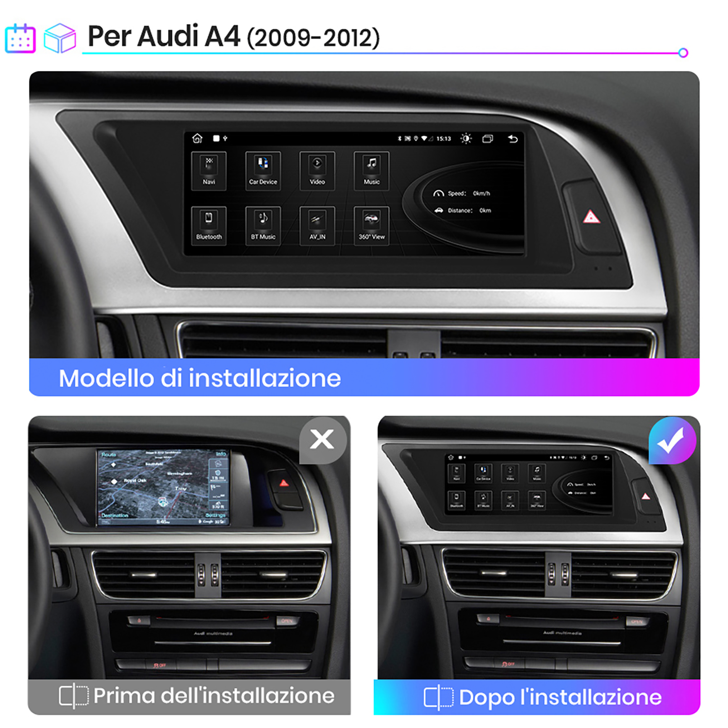 Un sistema di infotainment touchscreen per un'Audi A4, che mostra opzioni di navigazione e musica.